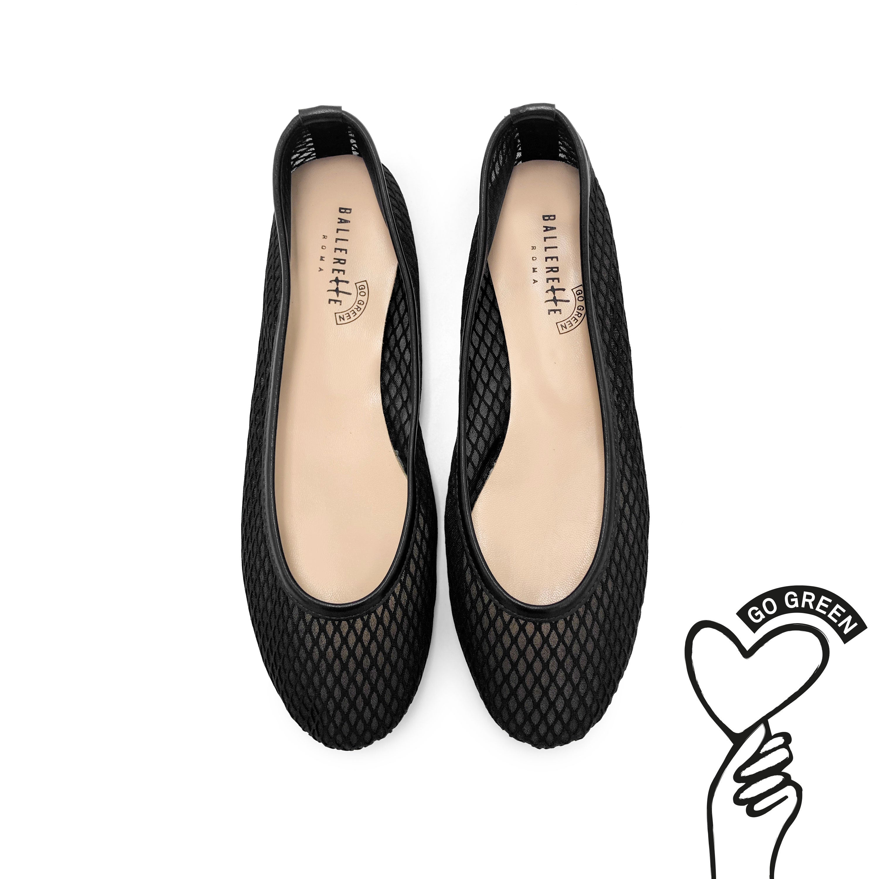 Black transparent mesh ballet flats in eco recycled fabric