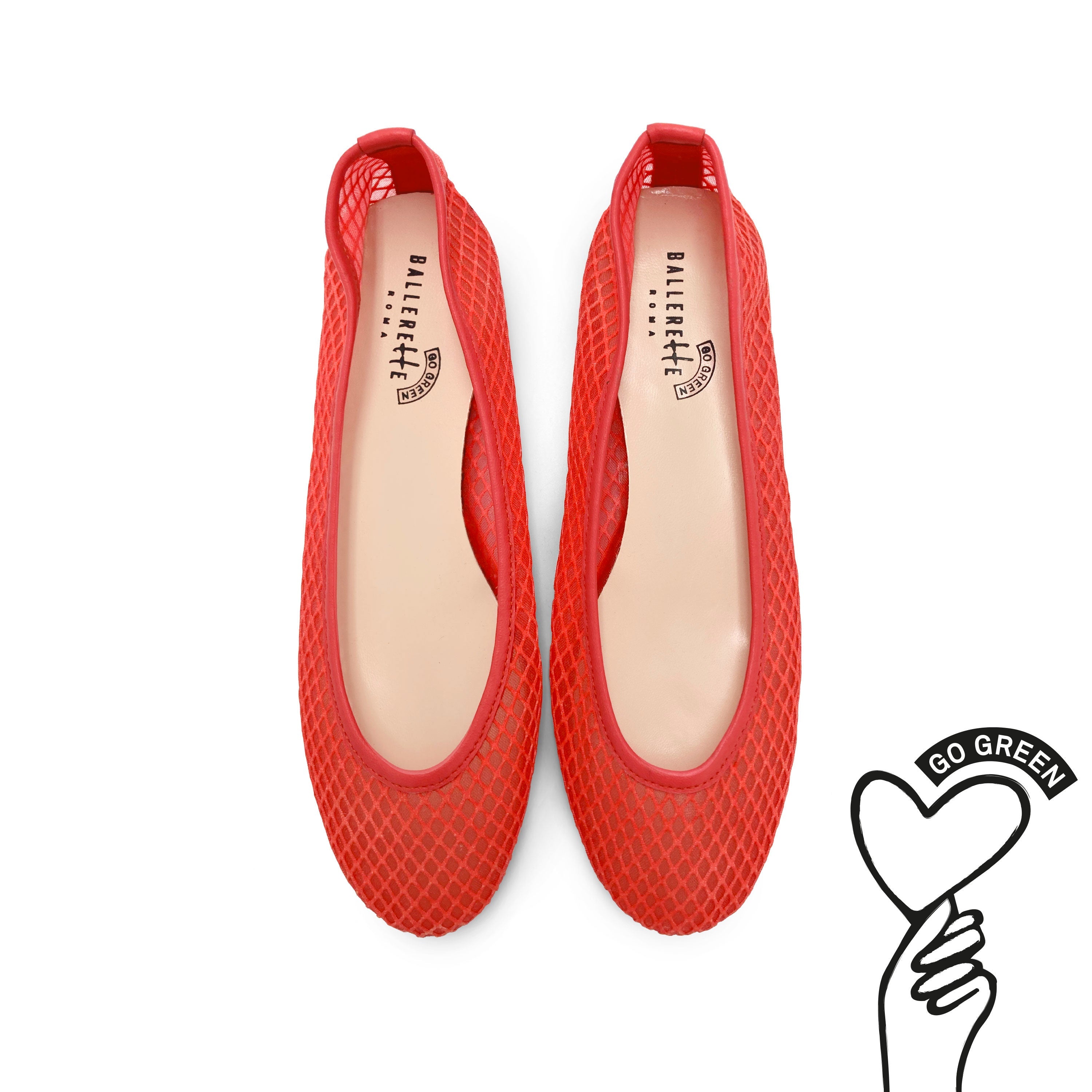 Coral red transparent mesh ballet flats in eco recycled fabric