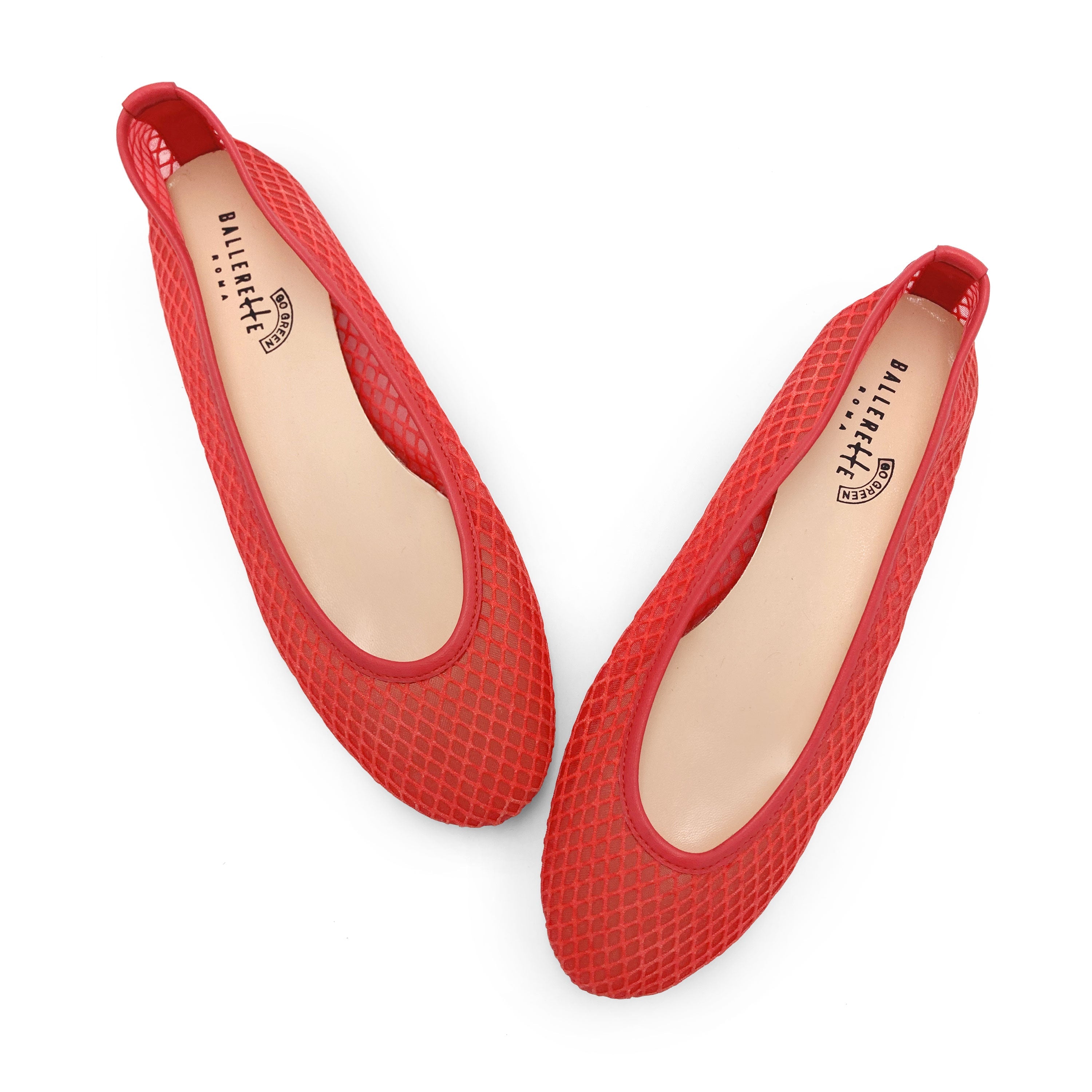 Coral red transparent mesh ballet flats in eco recycled fabric