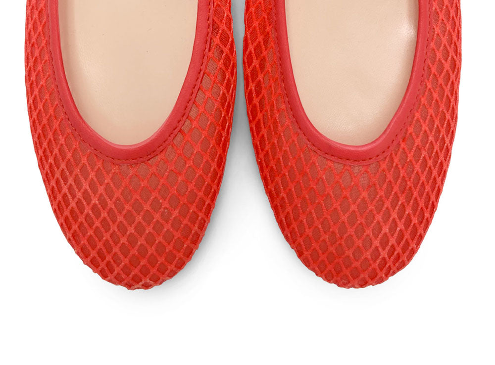 TT GO GREEN Collection - Coral Red Transparent Mesh Ballet Flats in ECO Recycled Fabric