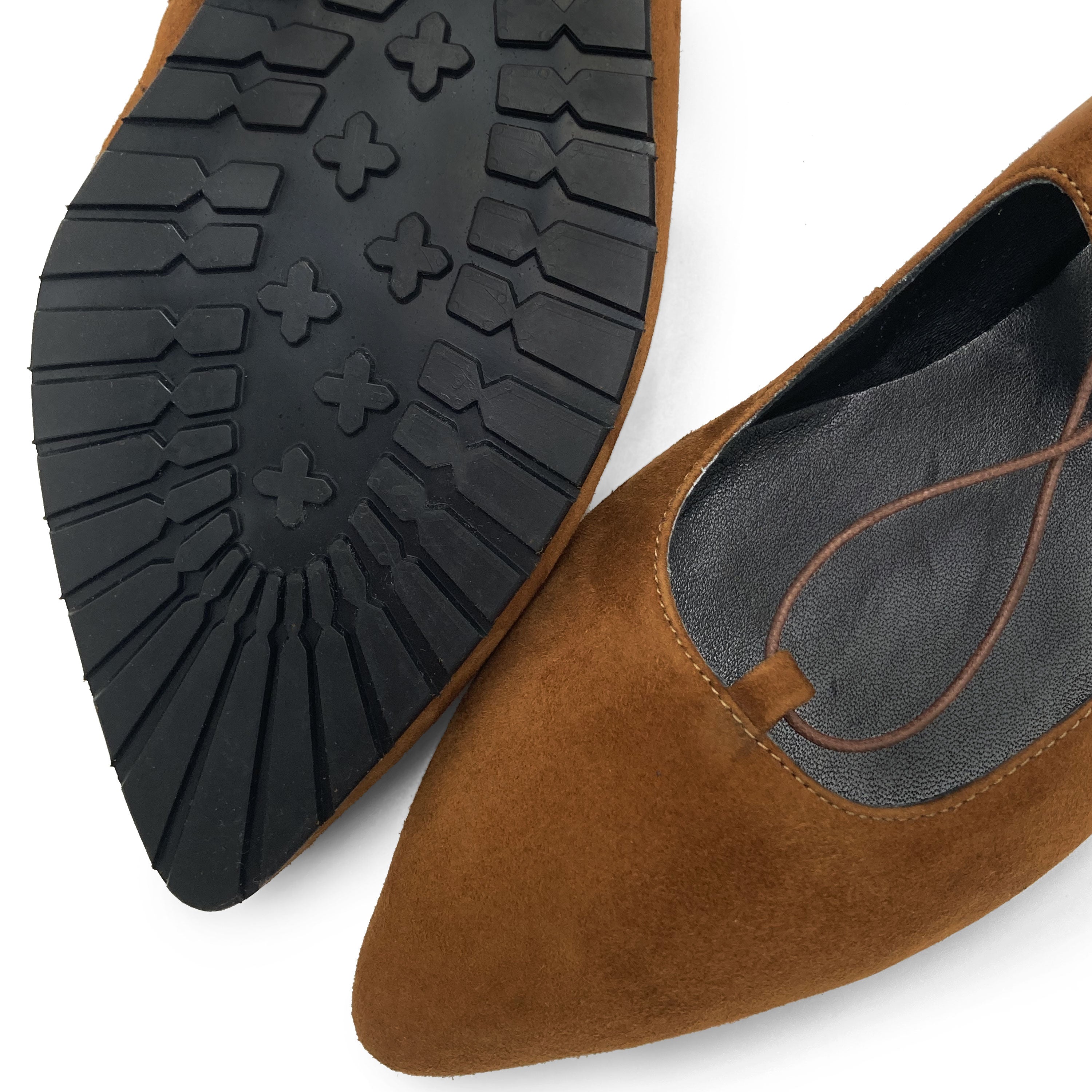 Brown suede ballet flats with straps