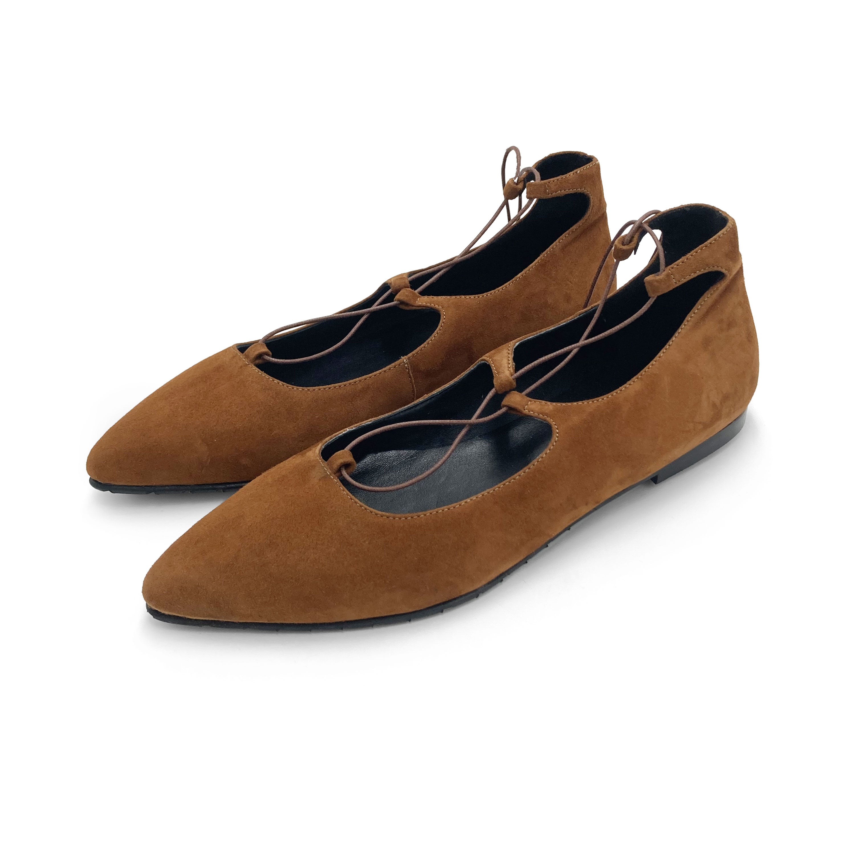 Brown suede ballet flats with straps