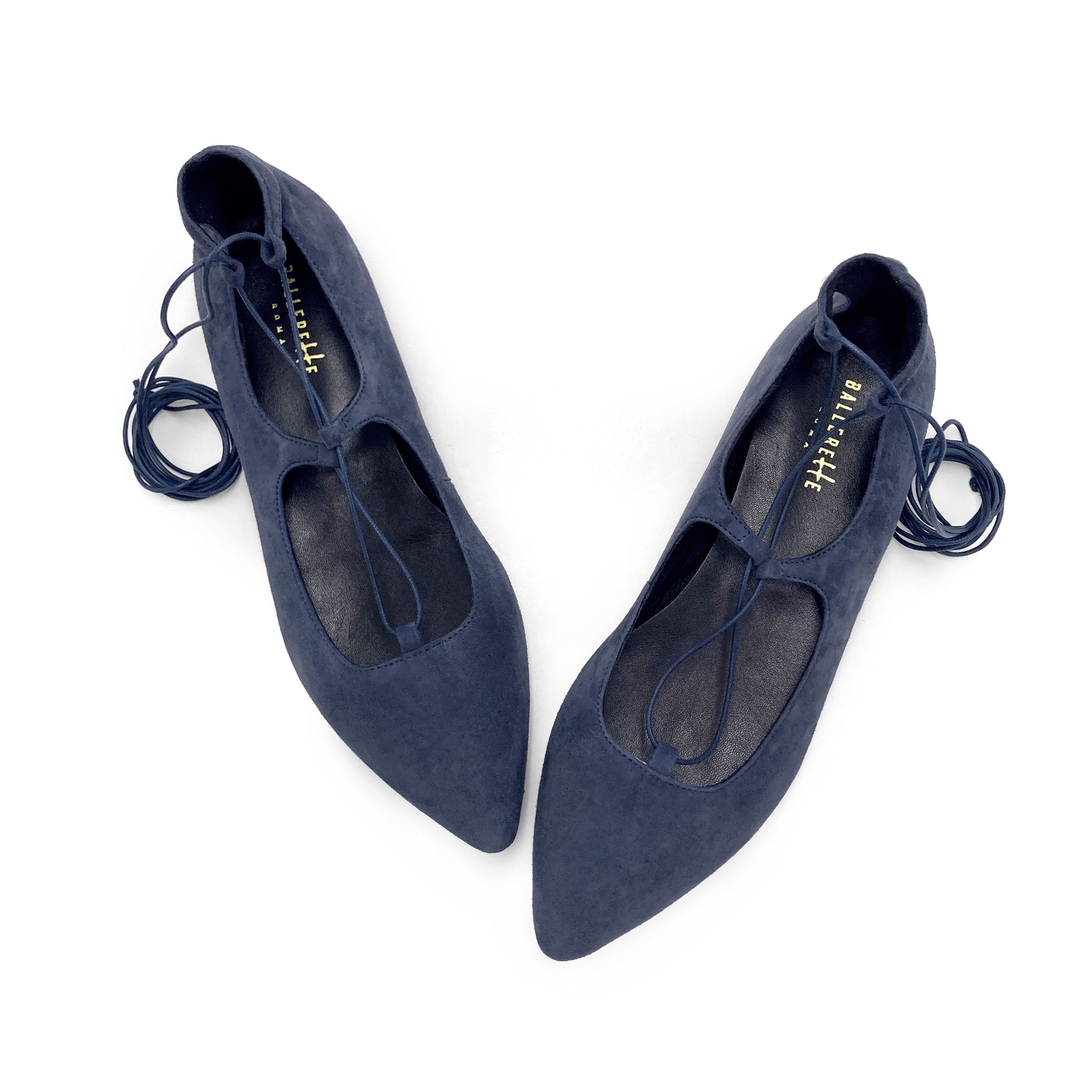 Petrol blue suede ballet flats with straps