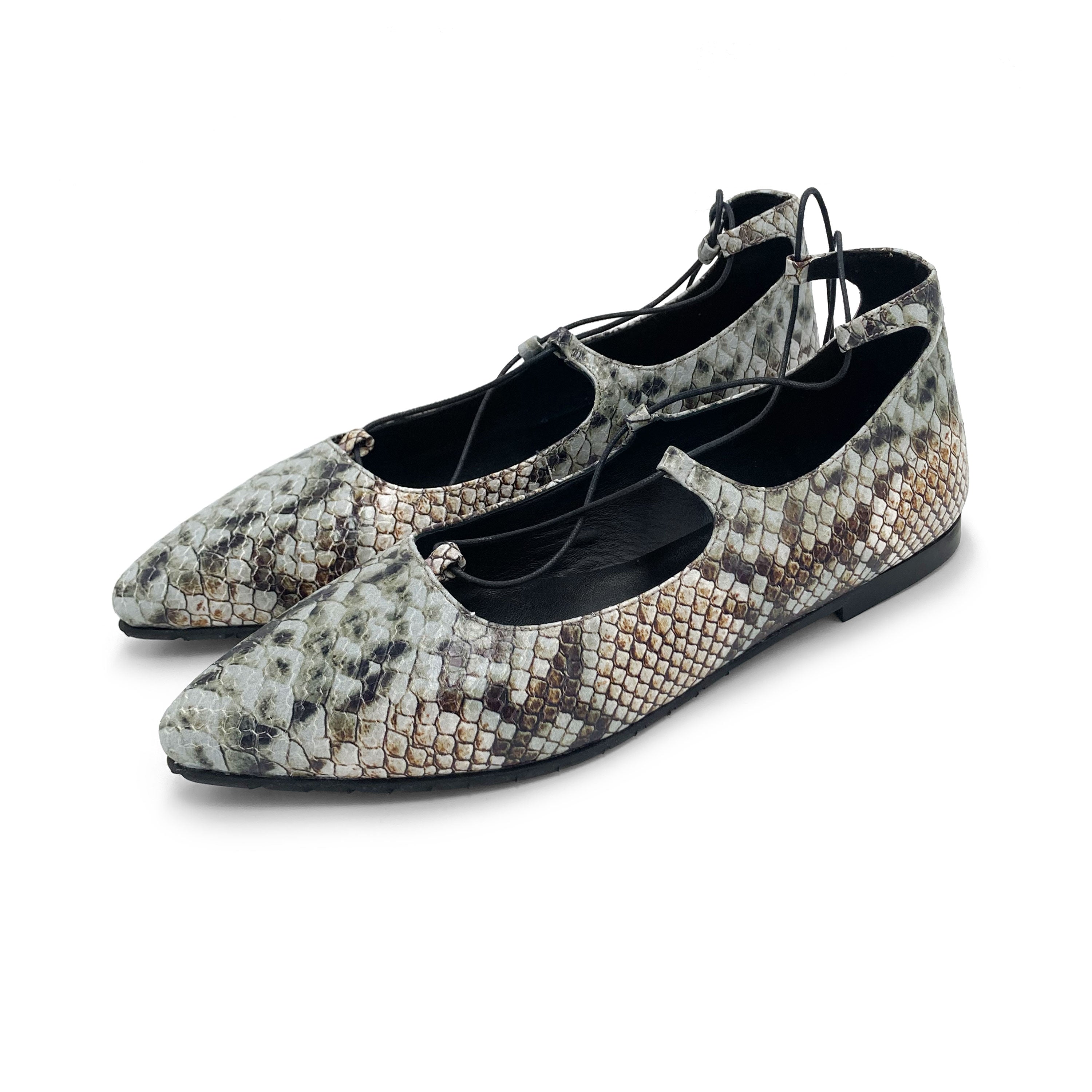 Snake print lace-up pointed ballet flats