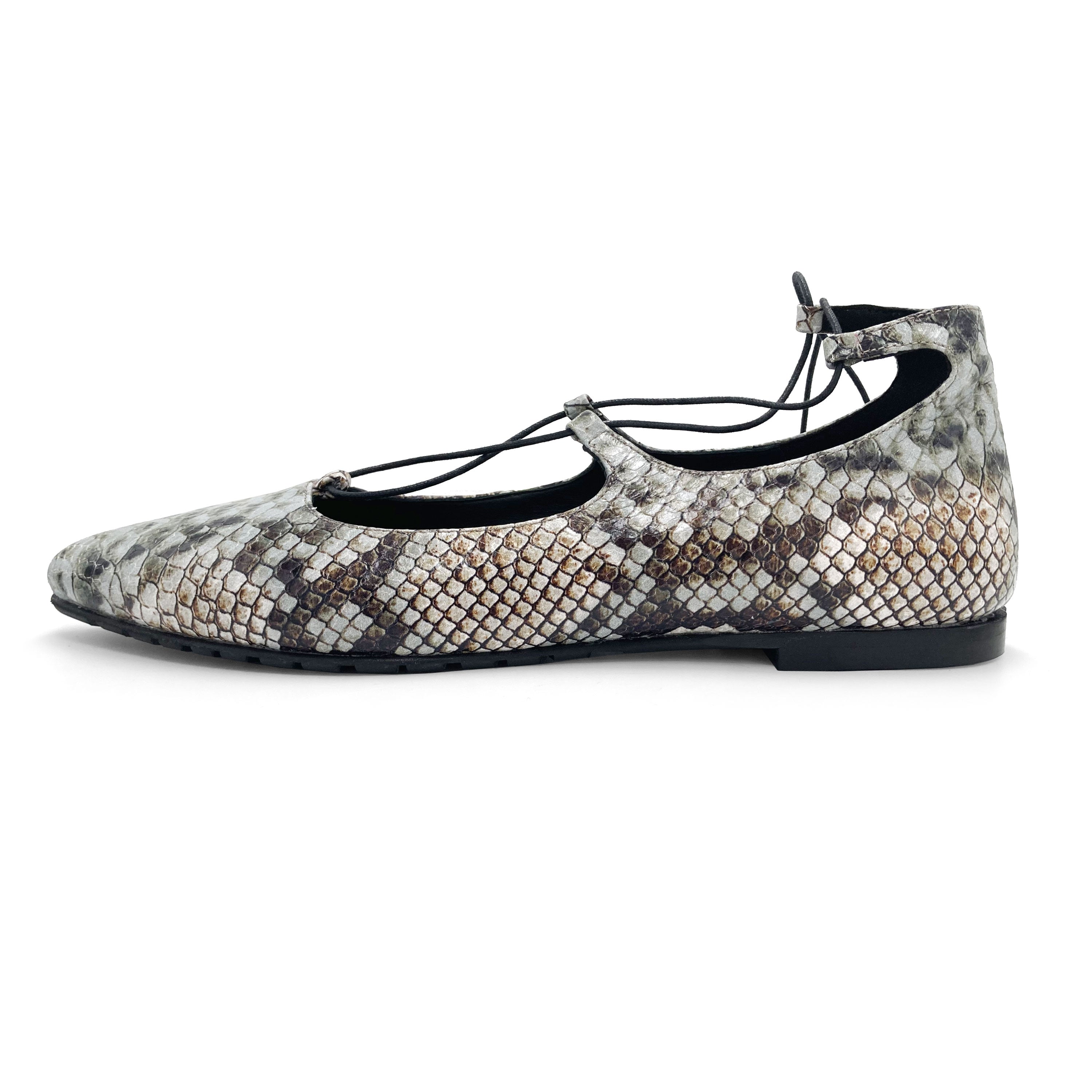 Snake print lace-up pointed ballet flats