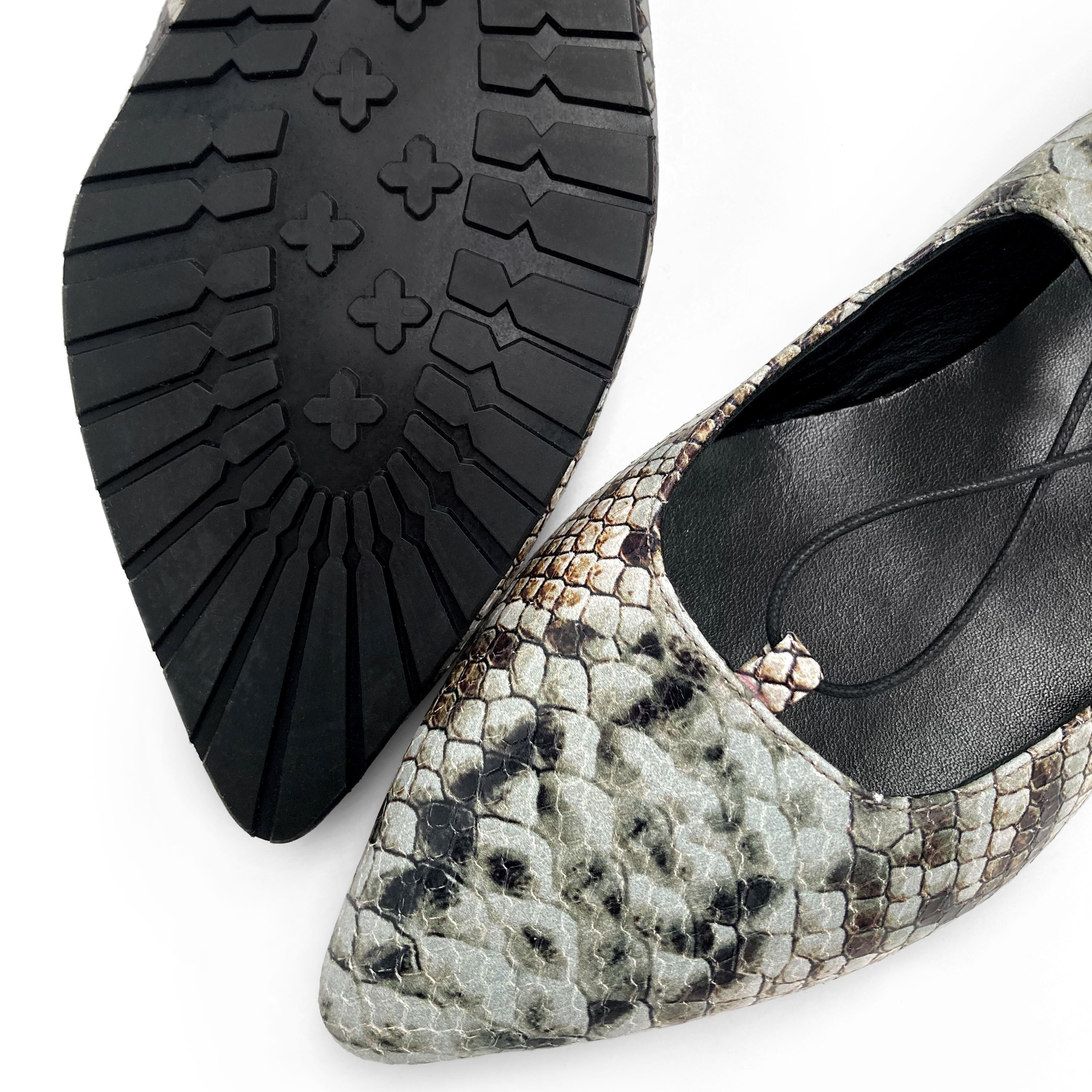 Snake print lace-up pointed ballet flats