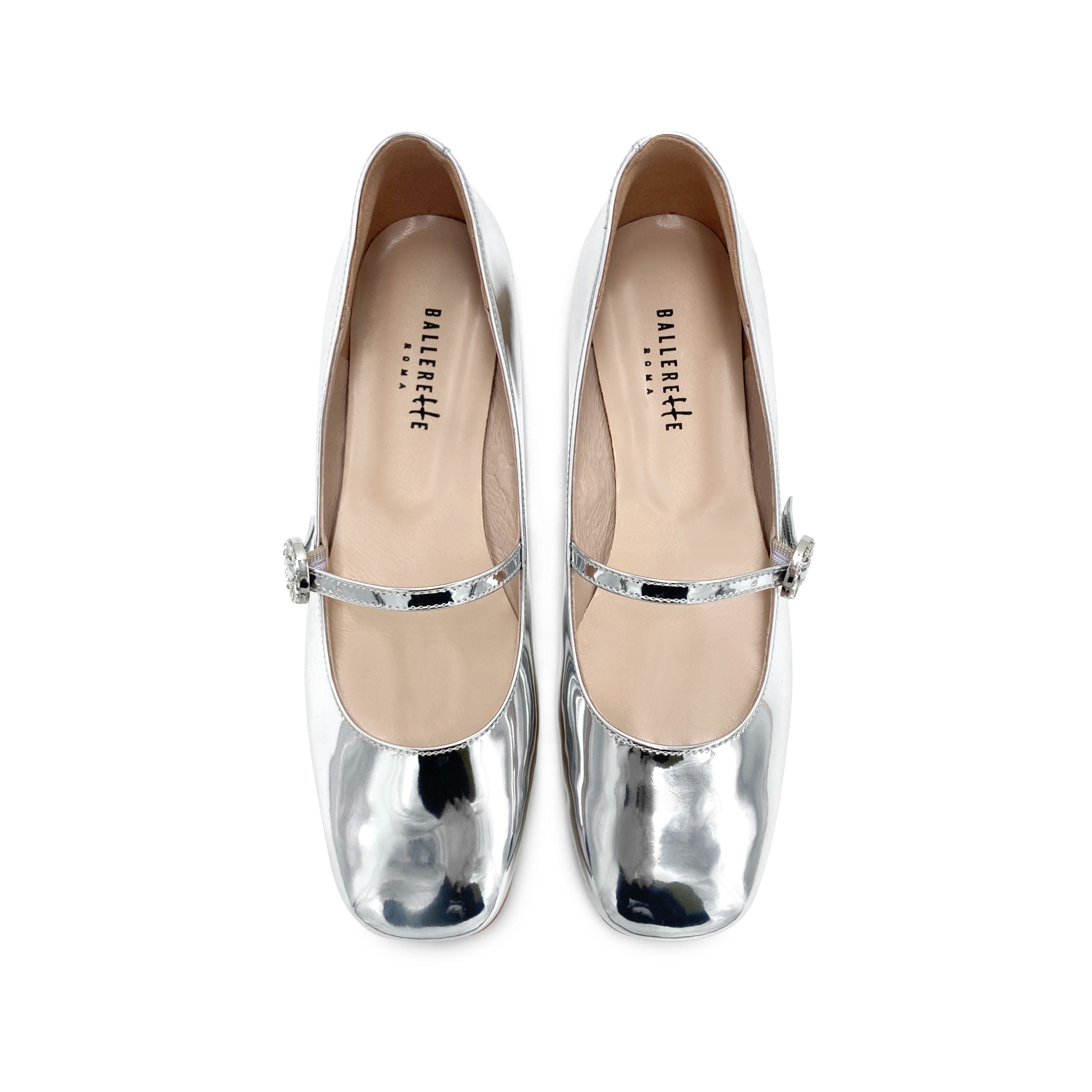 Silver mirrored Mary Jane ballet flats with jeweled strap