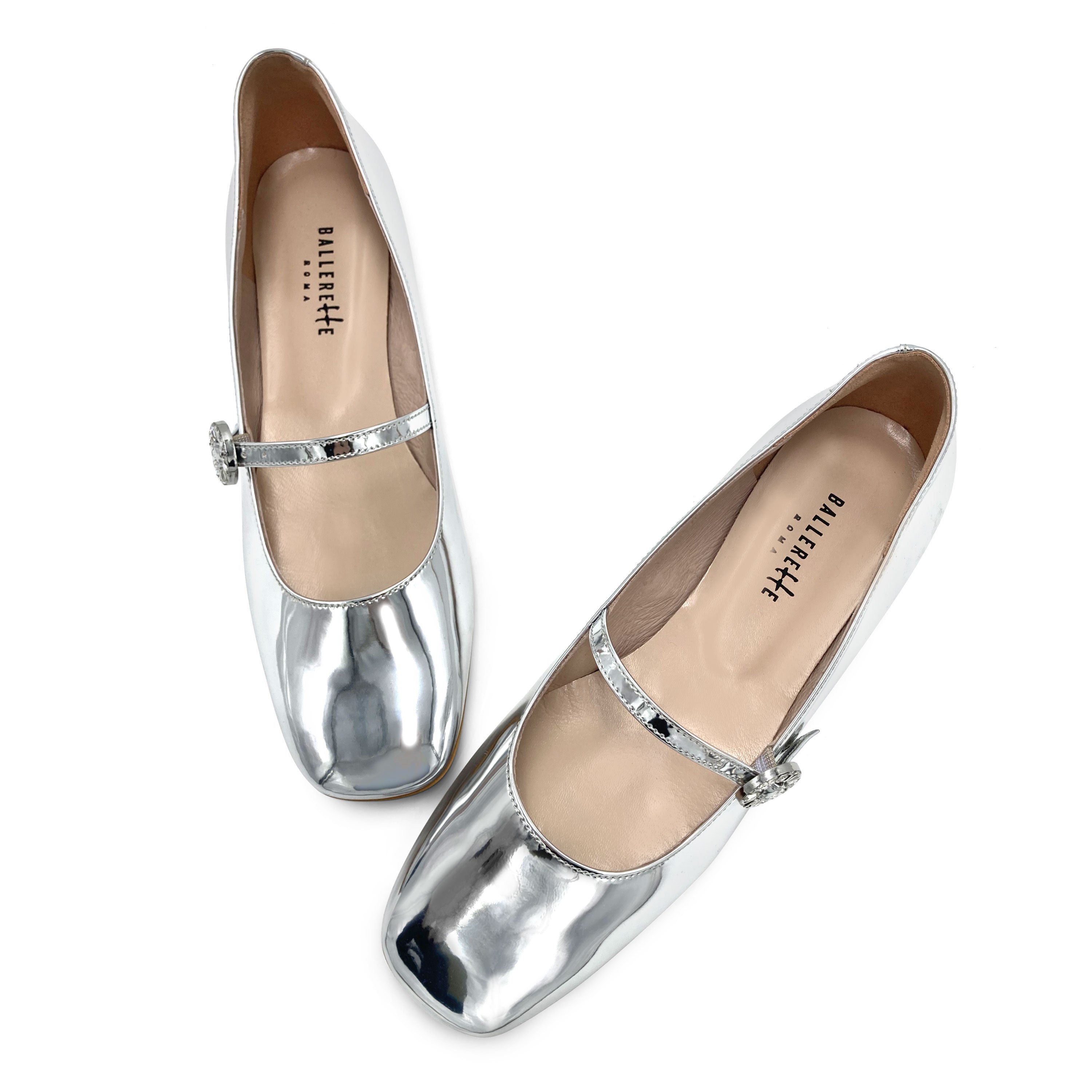 Silver mirrored Mary Jane ballet flats with jeweled strap