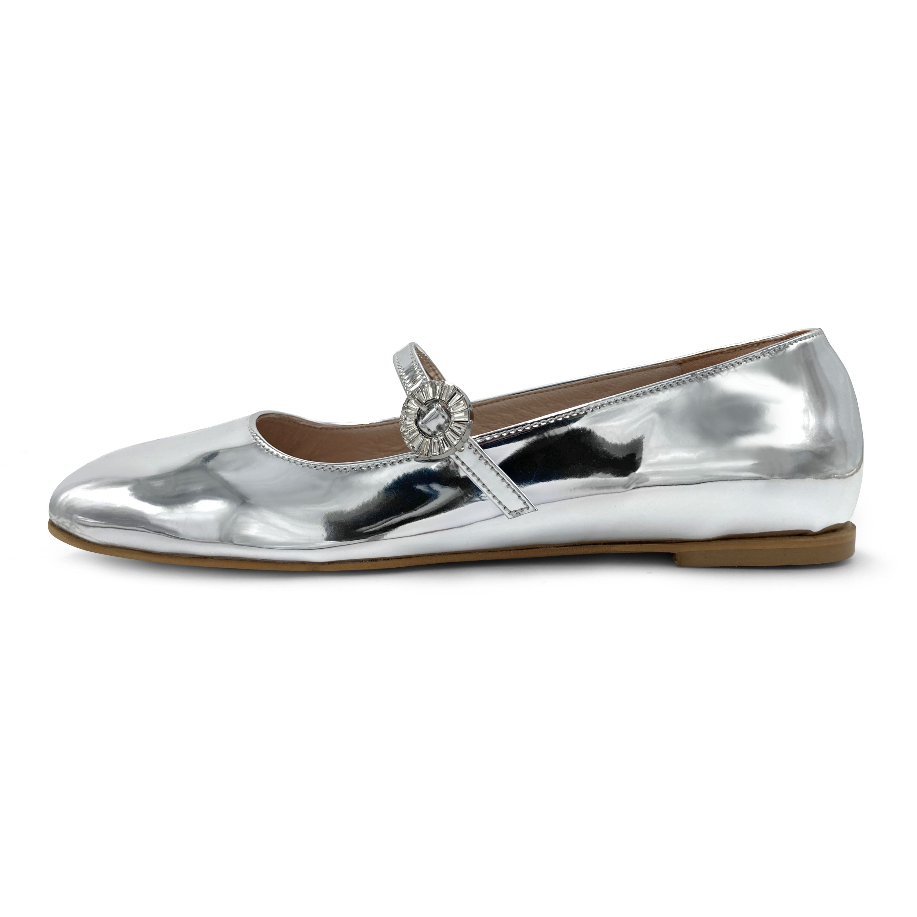 Silver mirrored Mary Jane ballet flats with jeweled strap