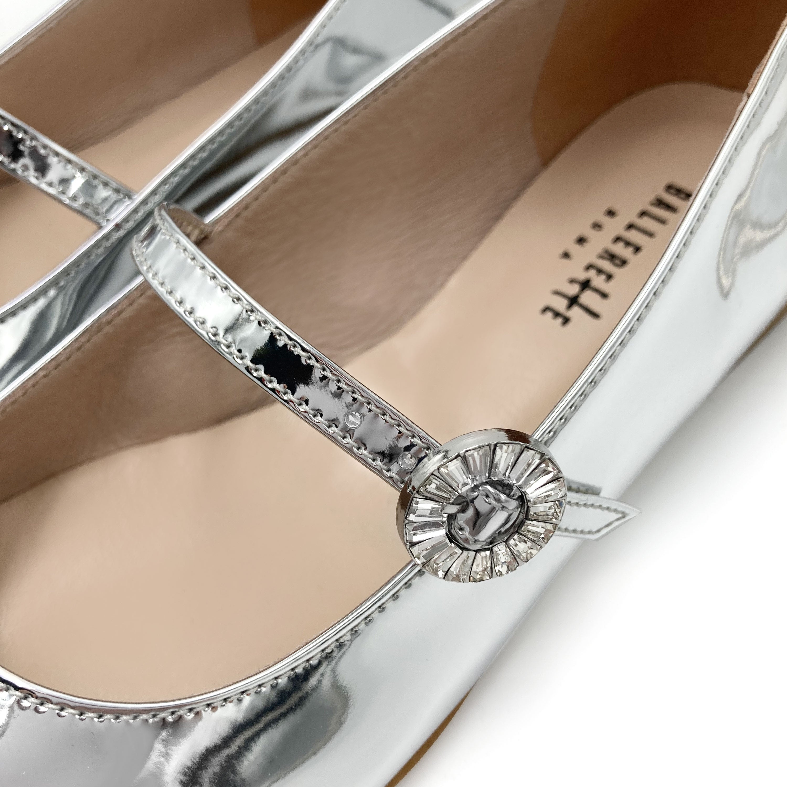 Silver mirrored Mary Jane ballet flats with jeweled strap