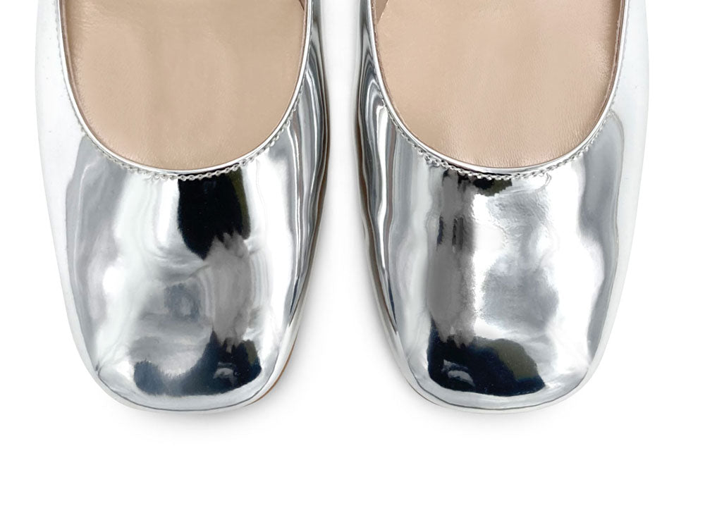 Silver mirrored Mary Jane ballet flats with jeweled strap