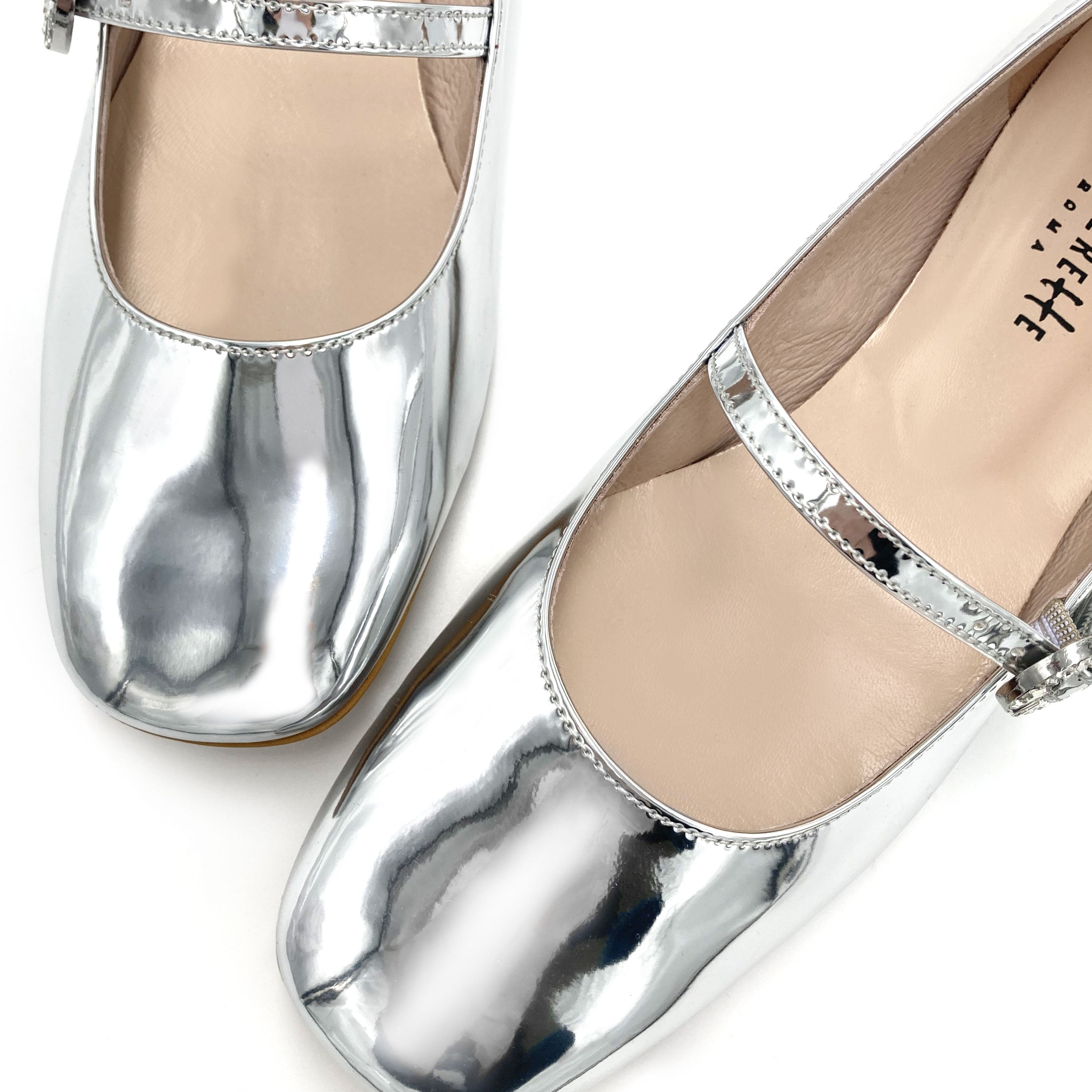 Silver mirrored Mary Jane ballet flats with jeweled strap