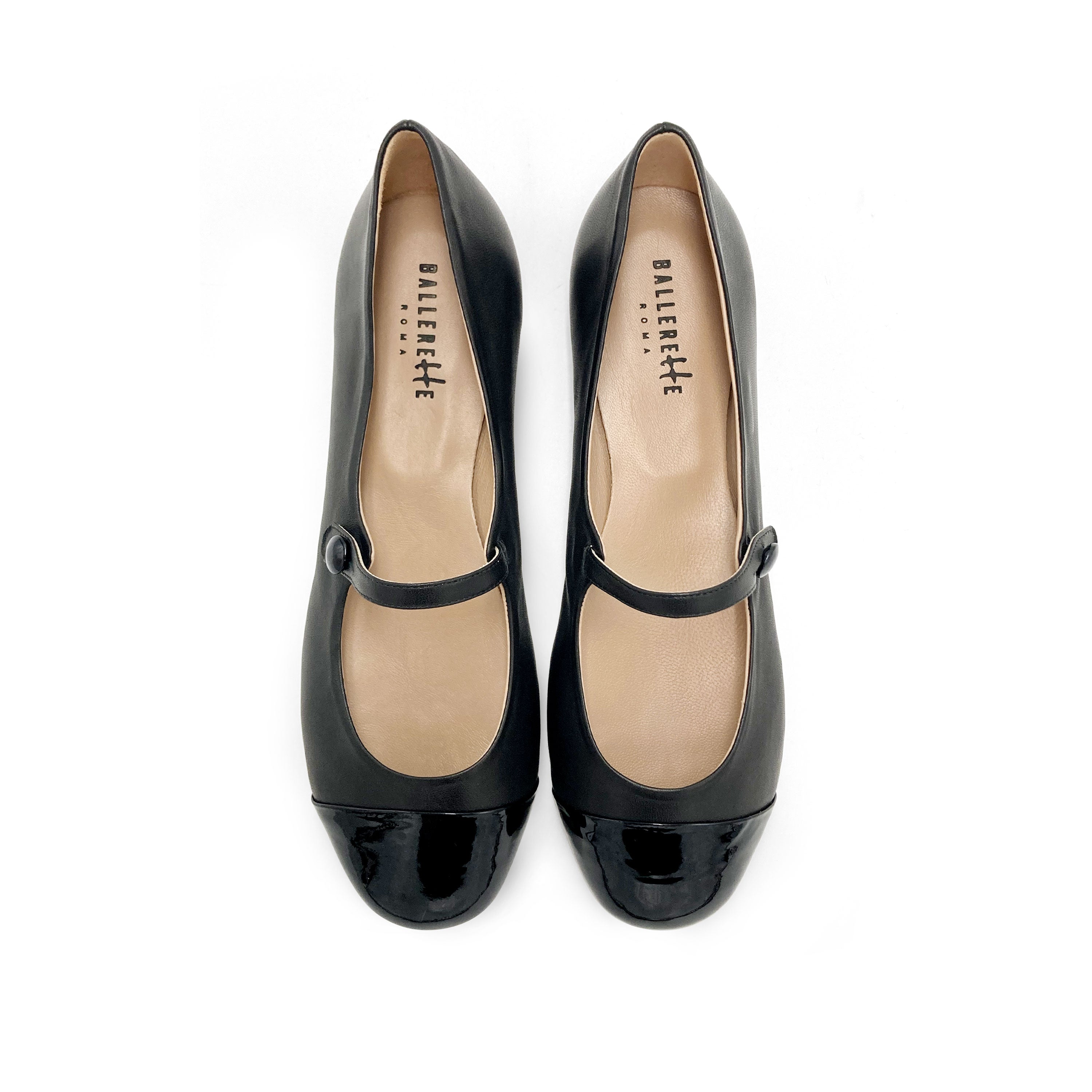 Black ballet flats with black patent toe and strap