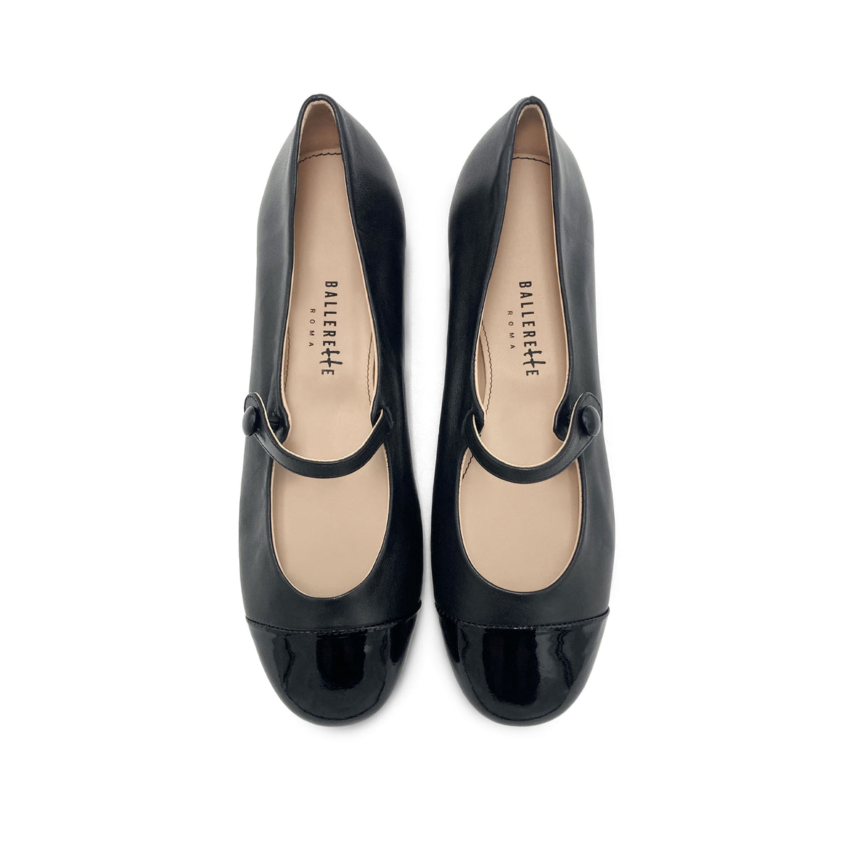 Black ballet flats with black patent toe and strap