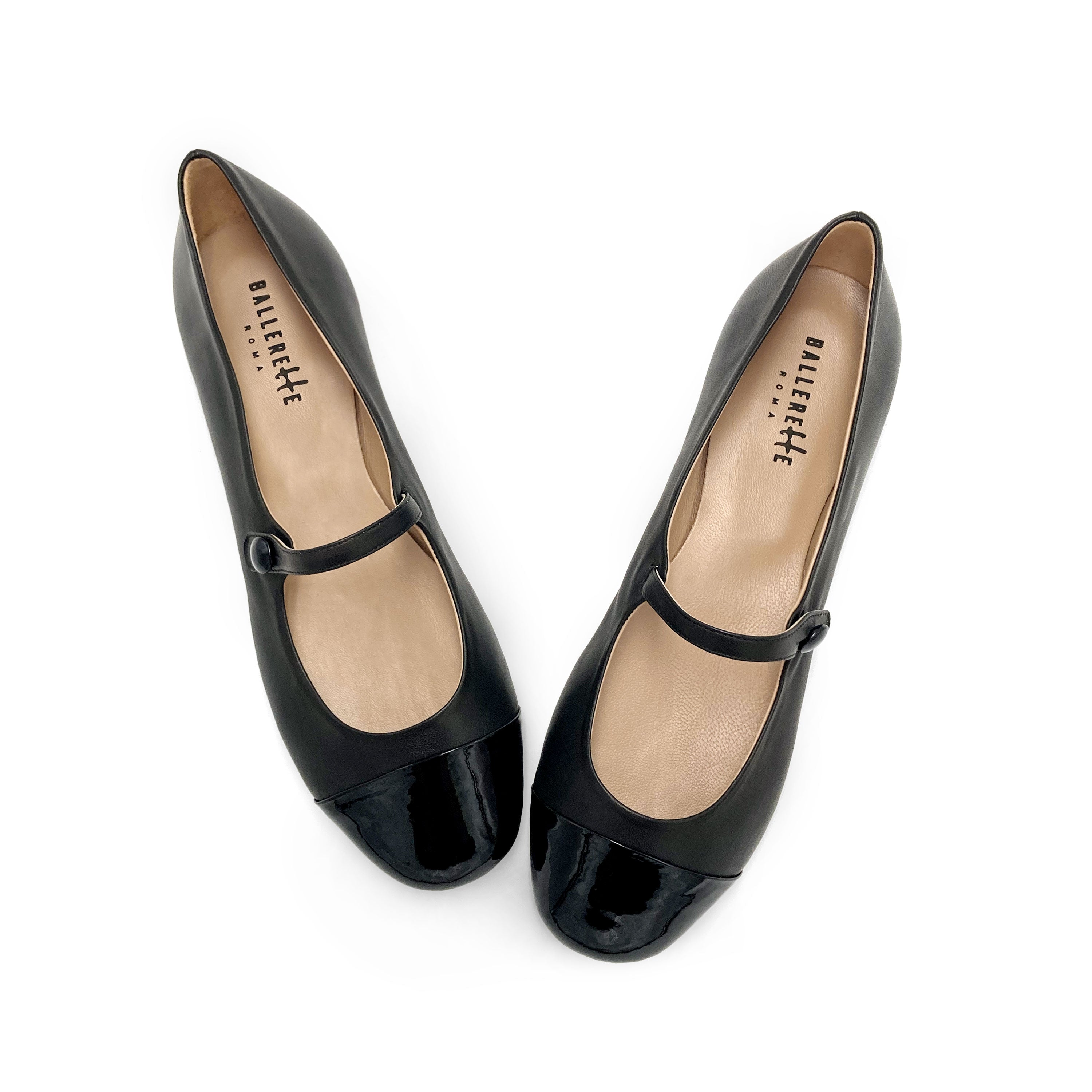 Black ballet flats with black patent toe and strap