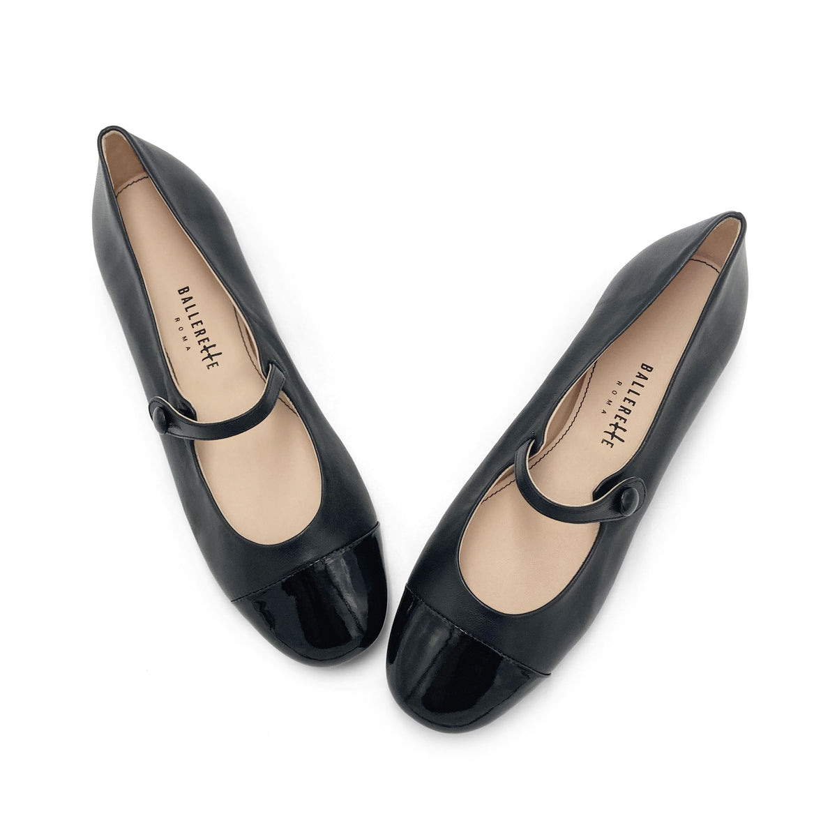 Black ballet flats with black patent toe and strap