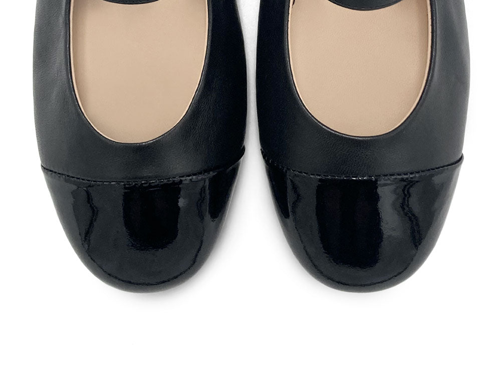 Black ballet flats with black patent toe and strap