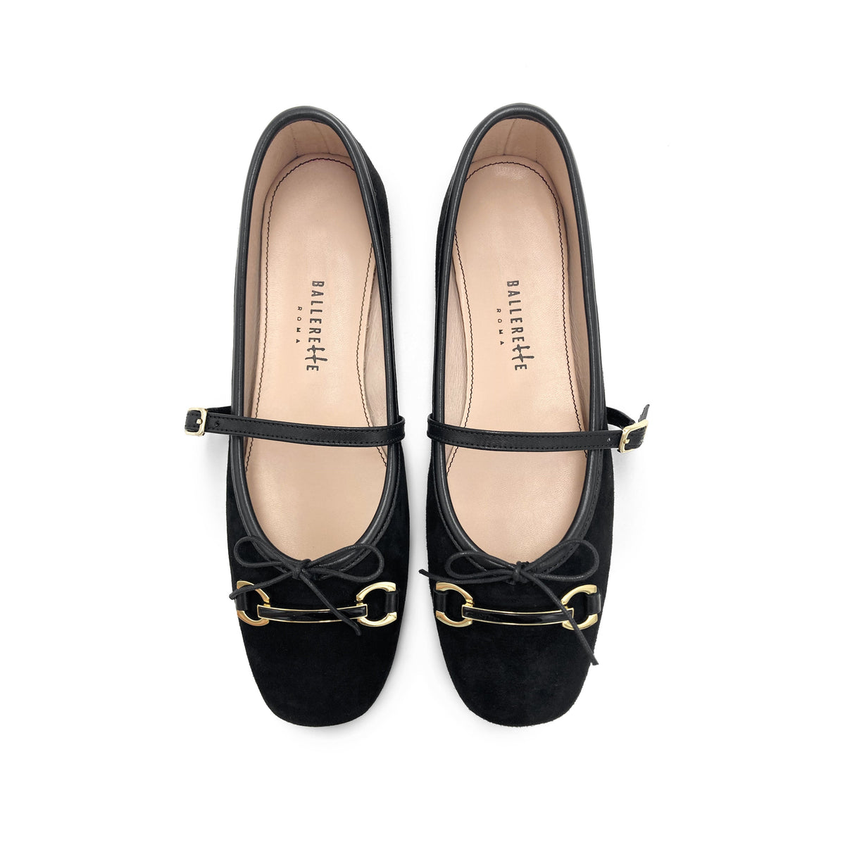 Black suede Mary Jane ballet flats with a metal clasp