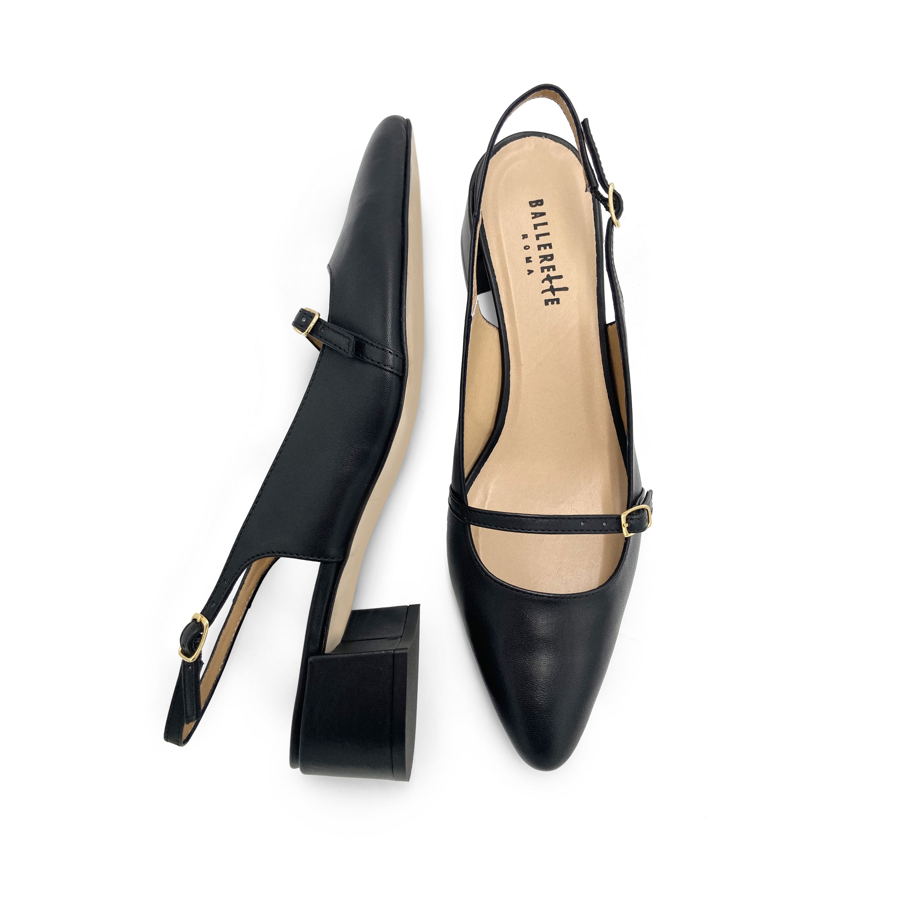 Black leather Mary Jane slingback ballet flats with heel