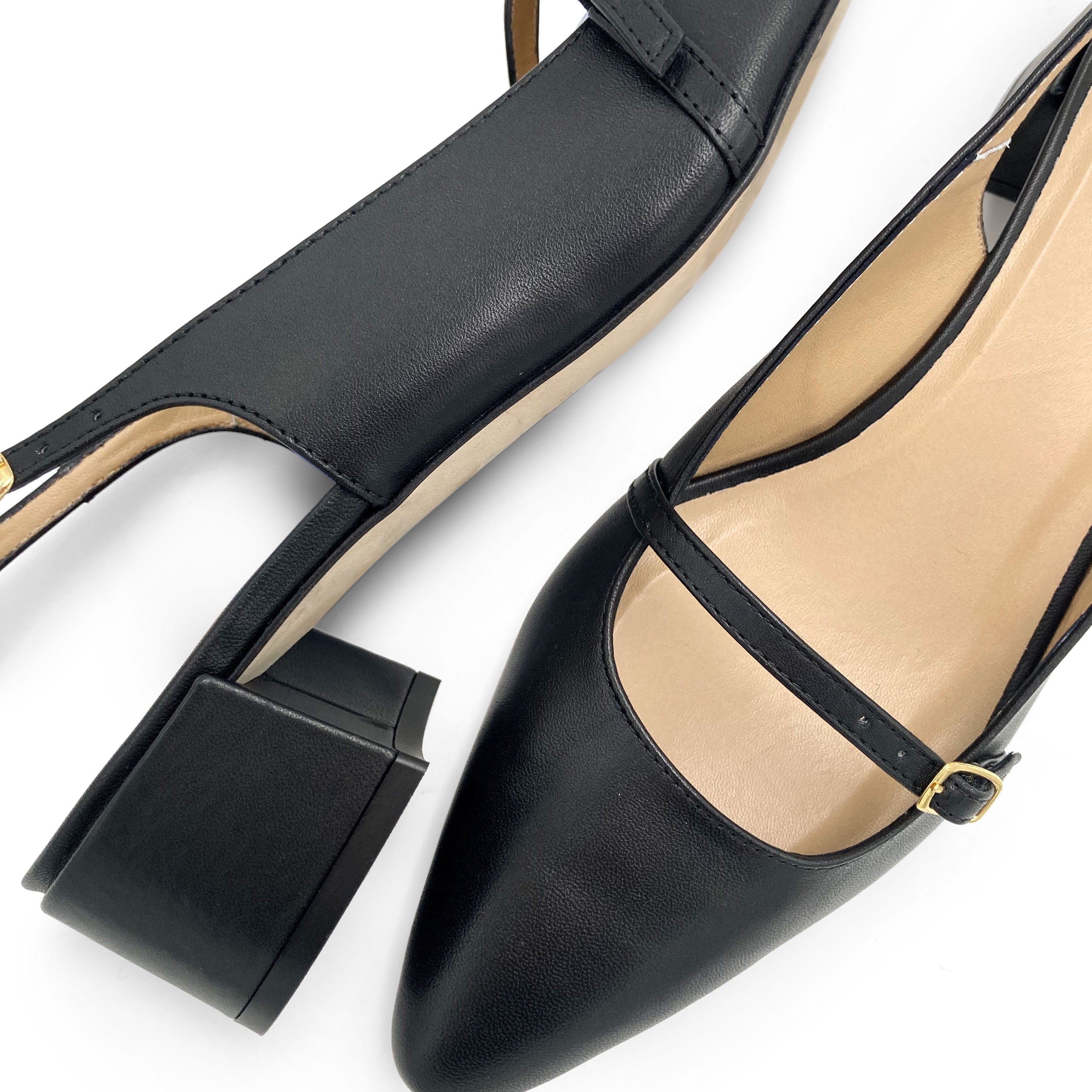 Black leather Mary Jane slingback ballet flats with heel