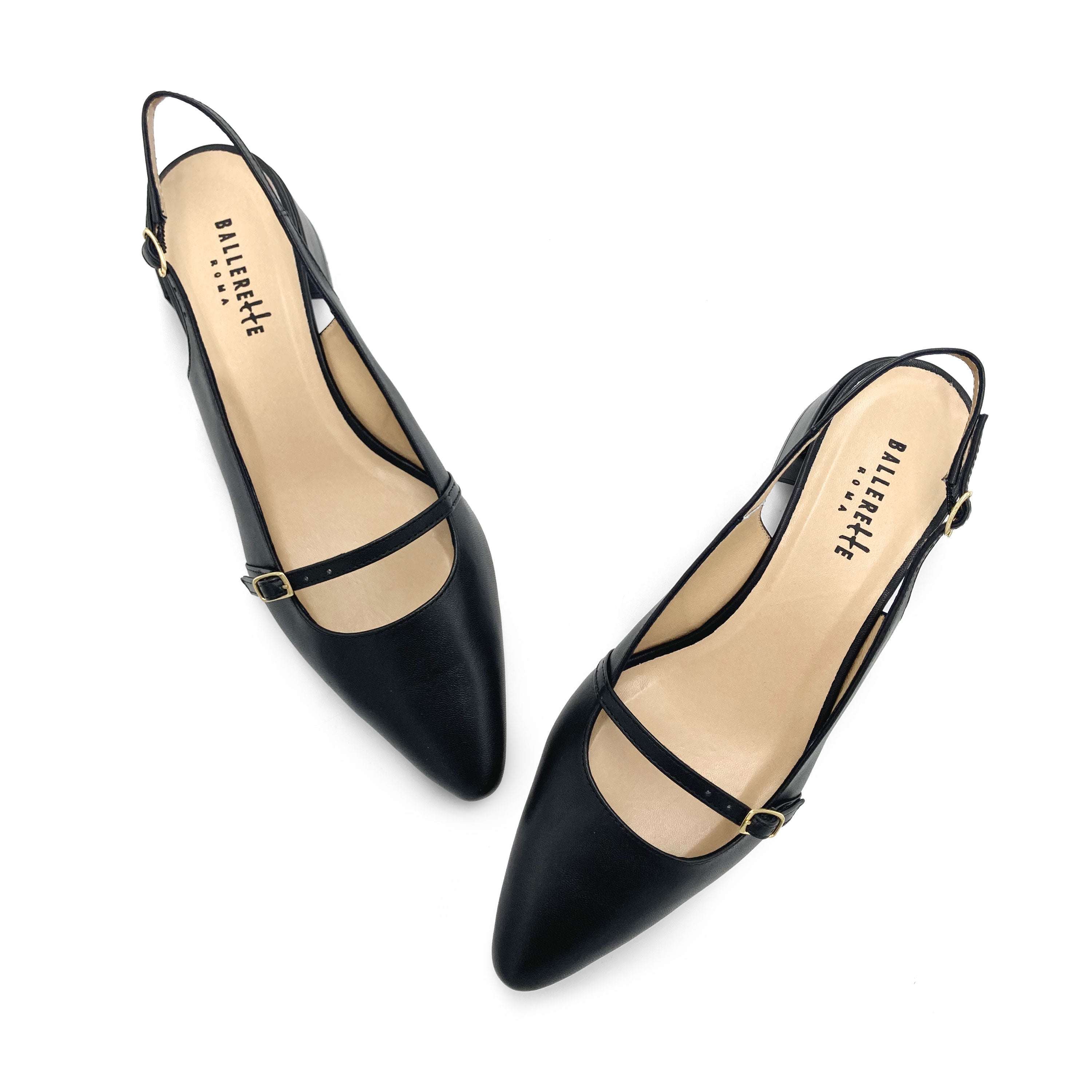 Black leather Mary Jane slingback ballet flats with heel