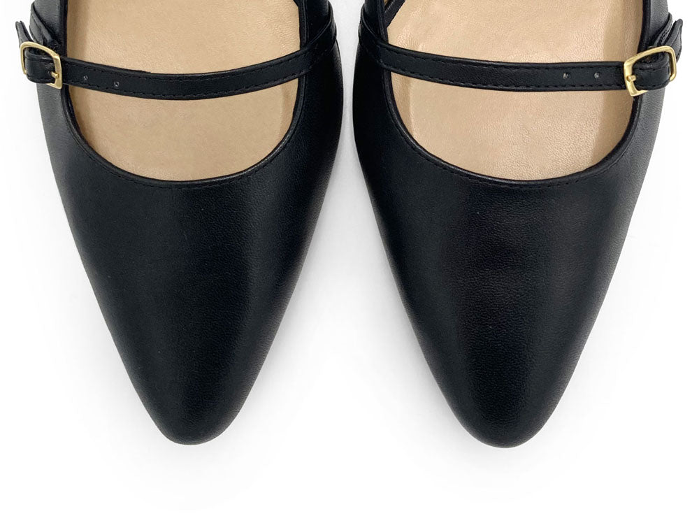 Black leather Mary Jane slingback ballet flats with heel