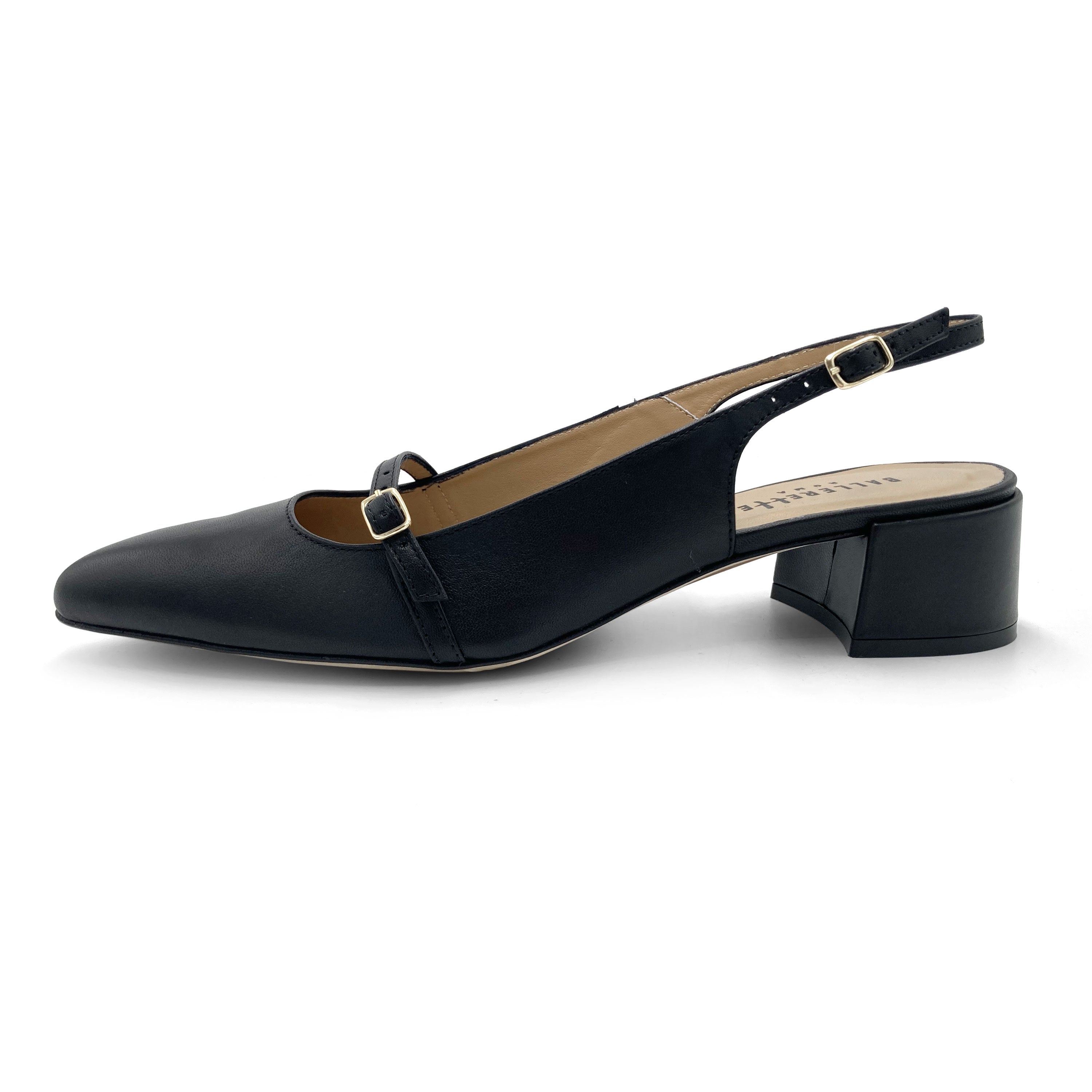 Black leather Mary Jane slingback ballet flats with heel