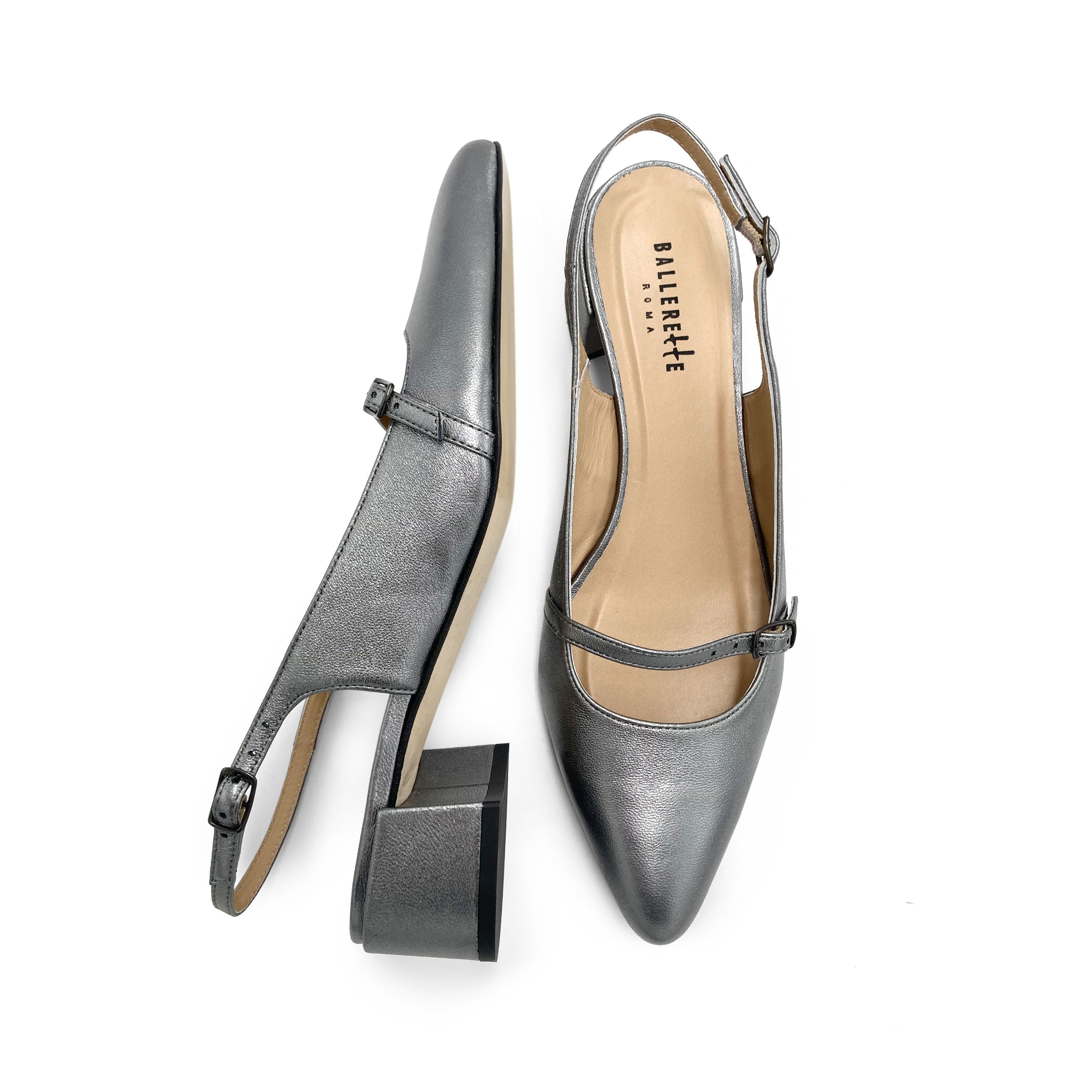 Silver leather Mary Janee slingback ballet flats with heel