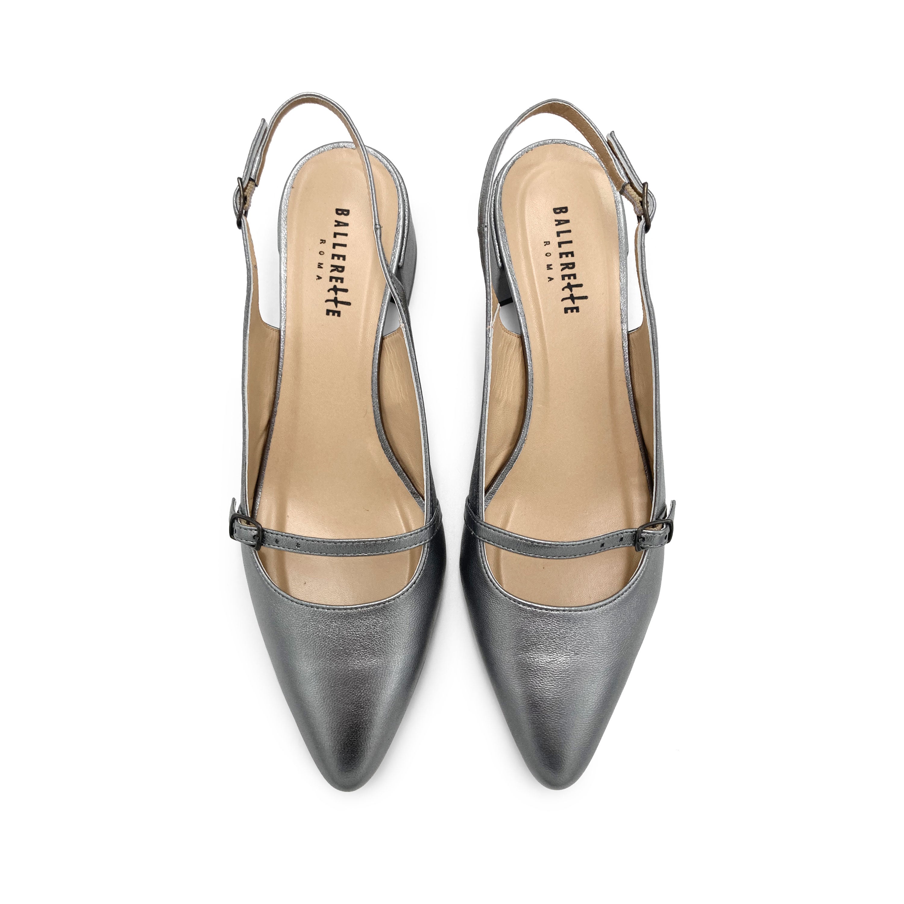Silver leather Mary Janee slingback ballet flats with heel