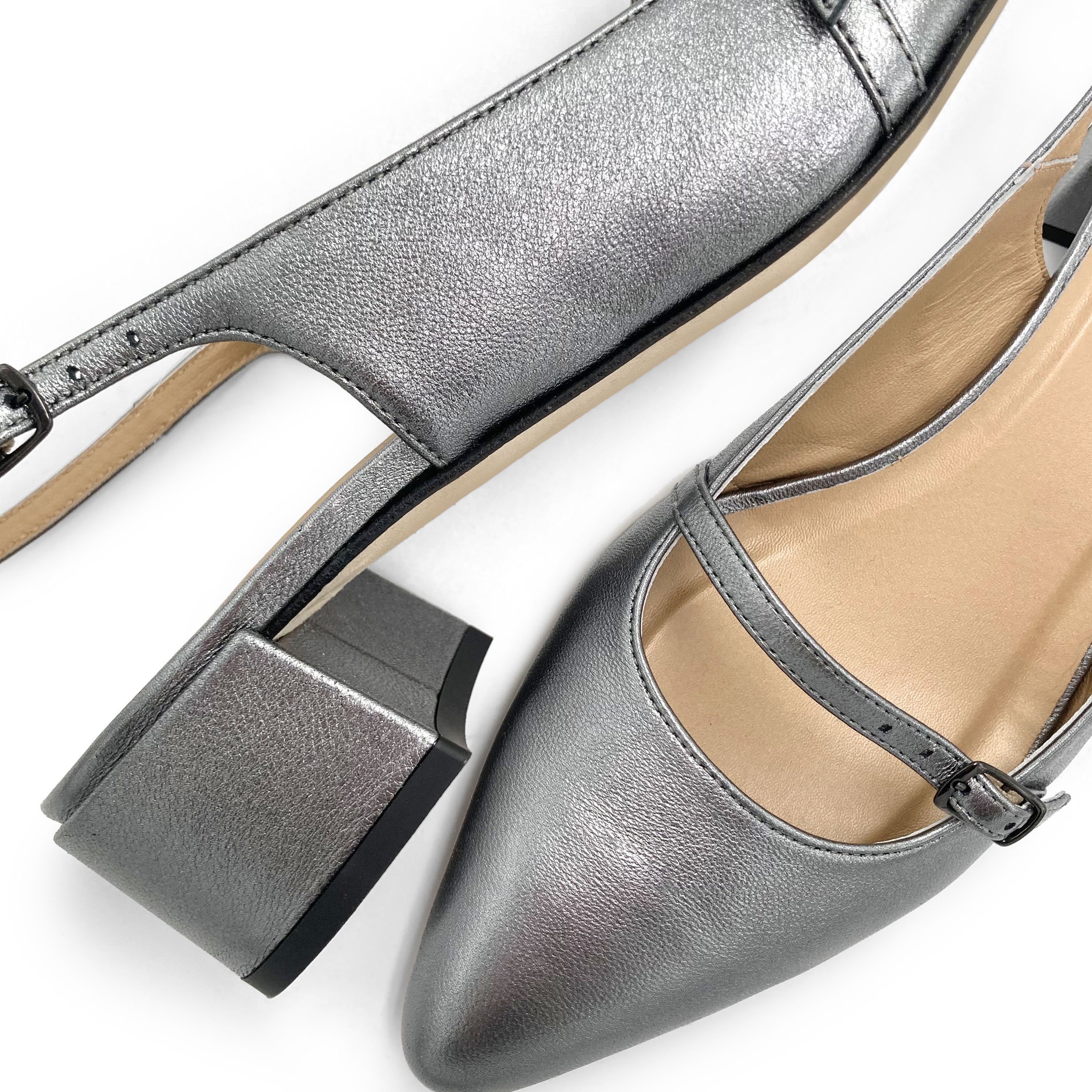 Silver leather Mary Janee slingback ballet flats with heel