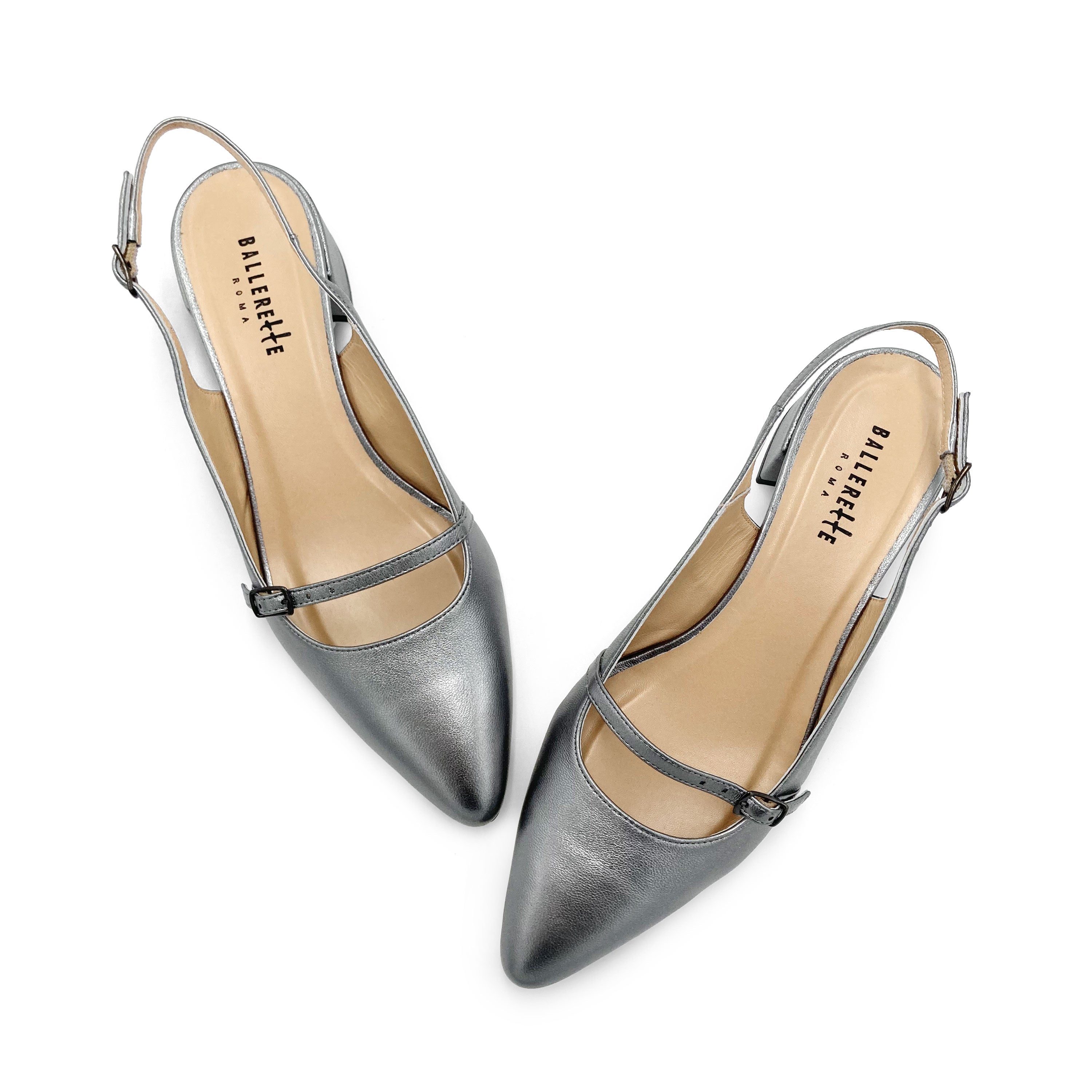 Silver leather Mary Janee slingback ballet flats with heel
