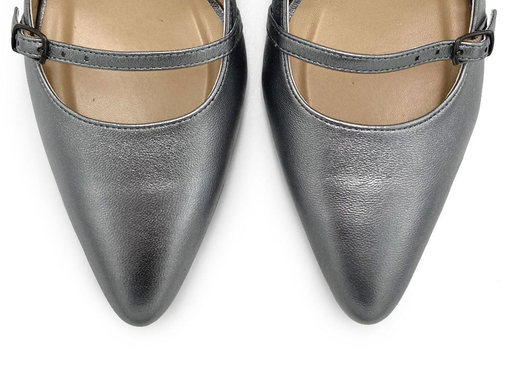 Silver leather Mary Janee slingback ballet flats with heel