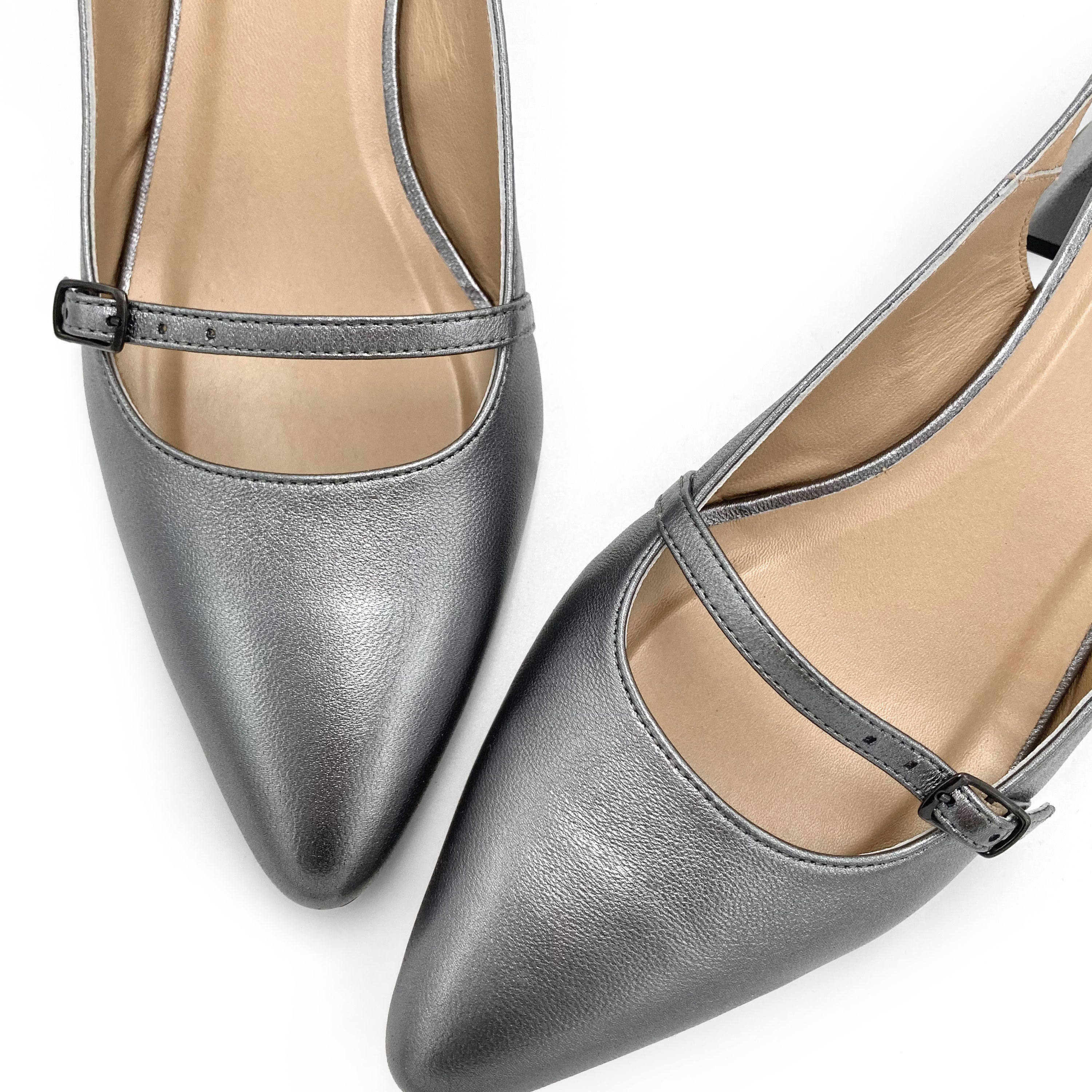 Silver leather Mary Janee slingback ballet flats with heel