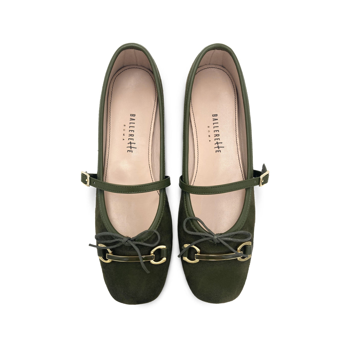 Green suede Mary Jane ballet flats with a metal clasp