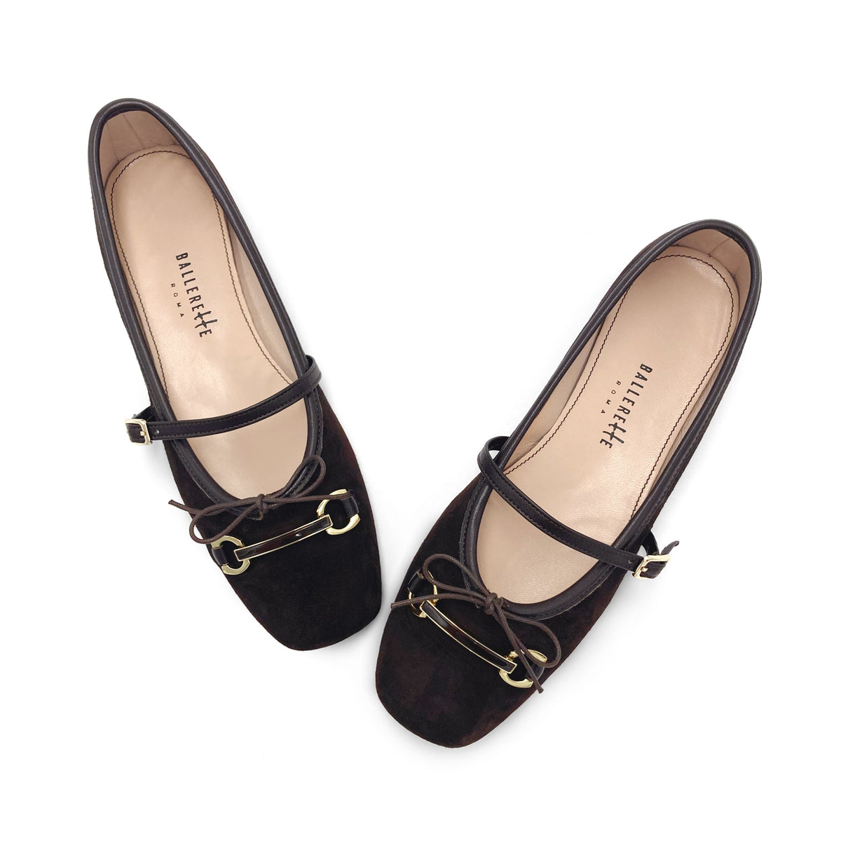 Brown suede Mary Jane ballet flats with a metal clasp