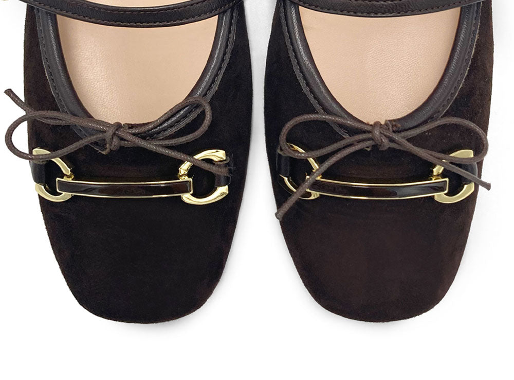 Brown suede Mary Jane ballet flats with a metal clasp