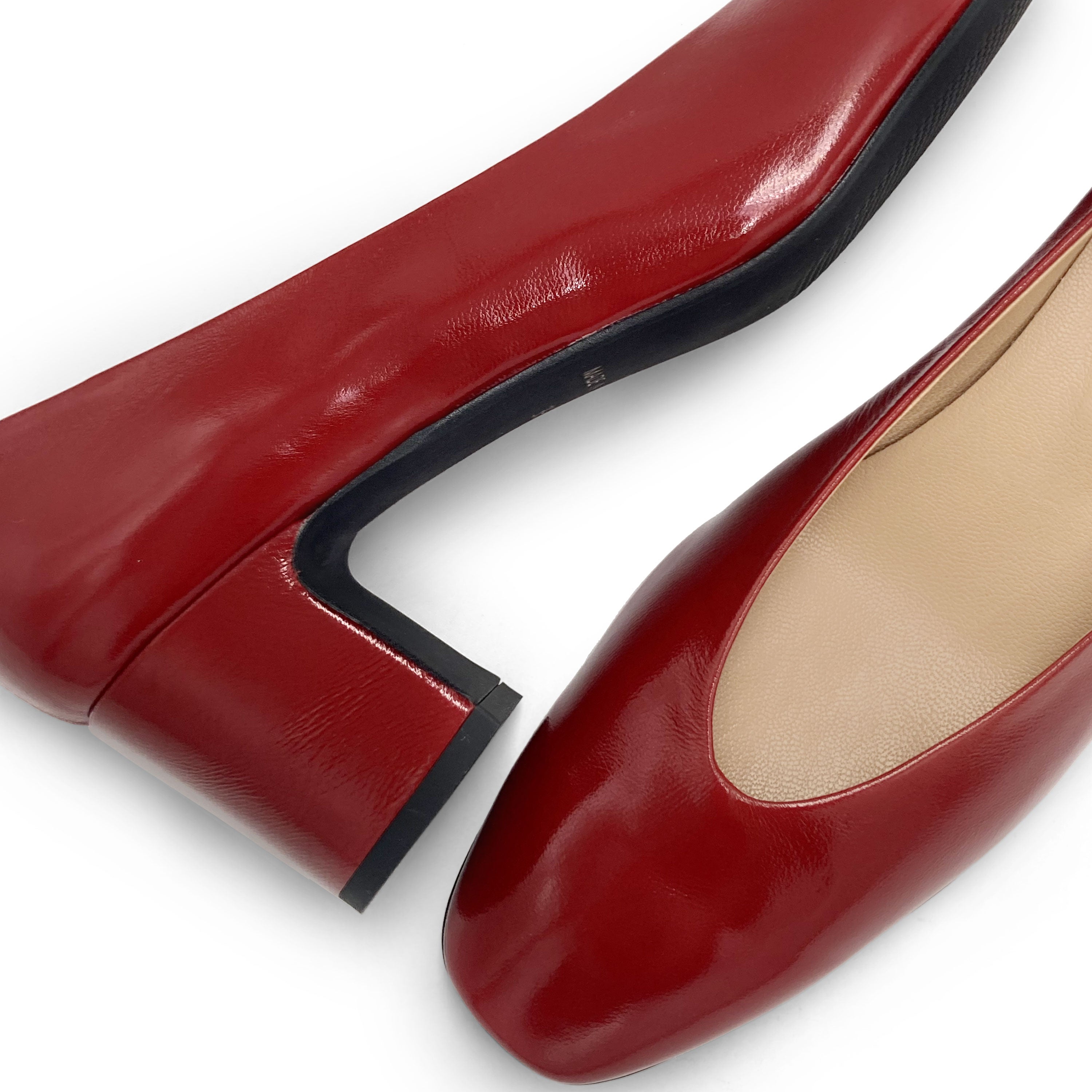 Red patent leather ballet flats with square toe and comfortable high heel