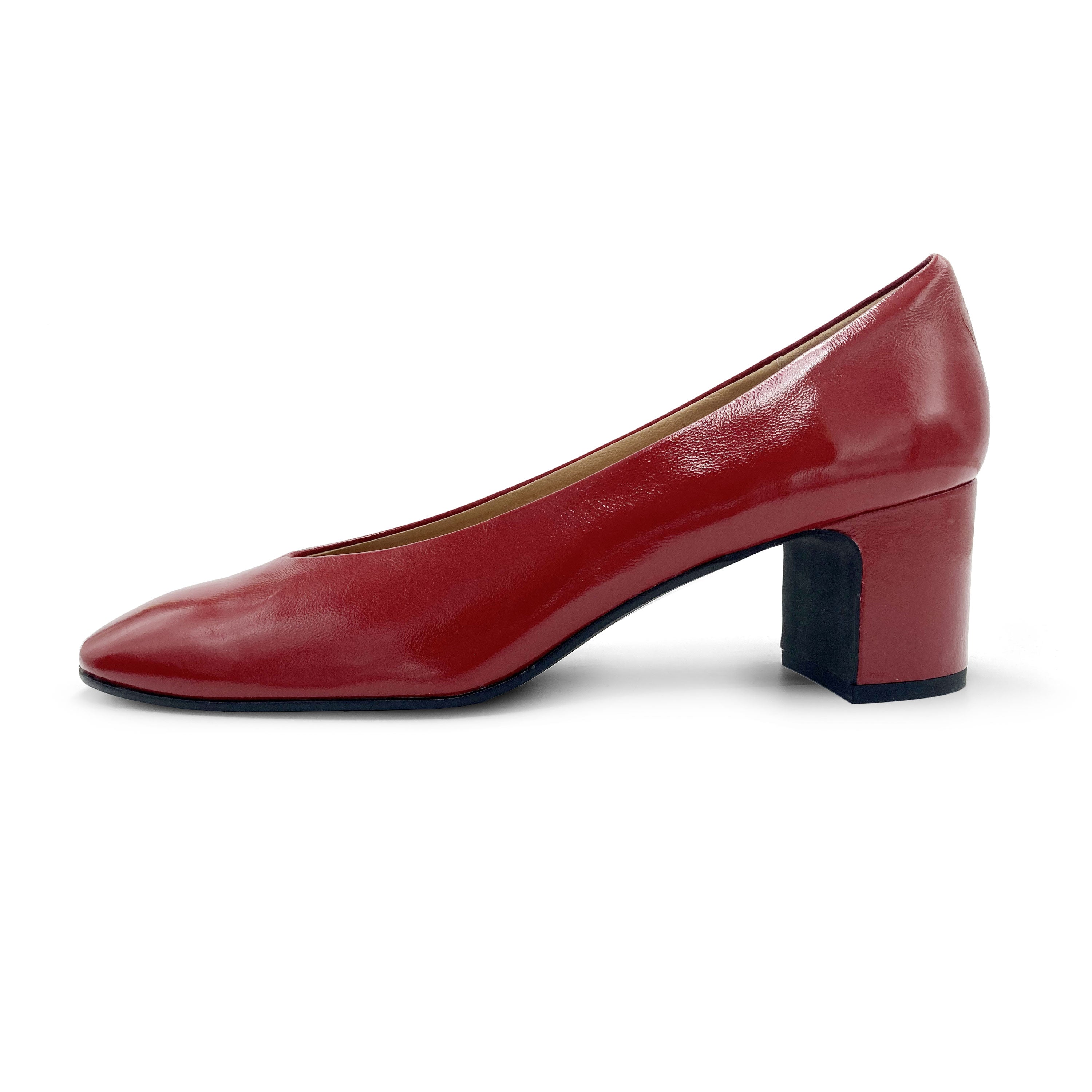 Red patent leather ballet flats with square toe and comfortable high heel