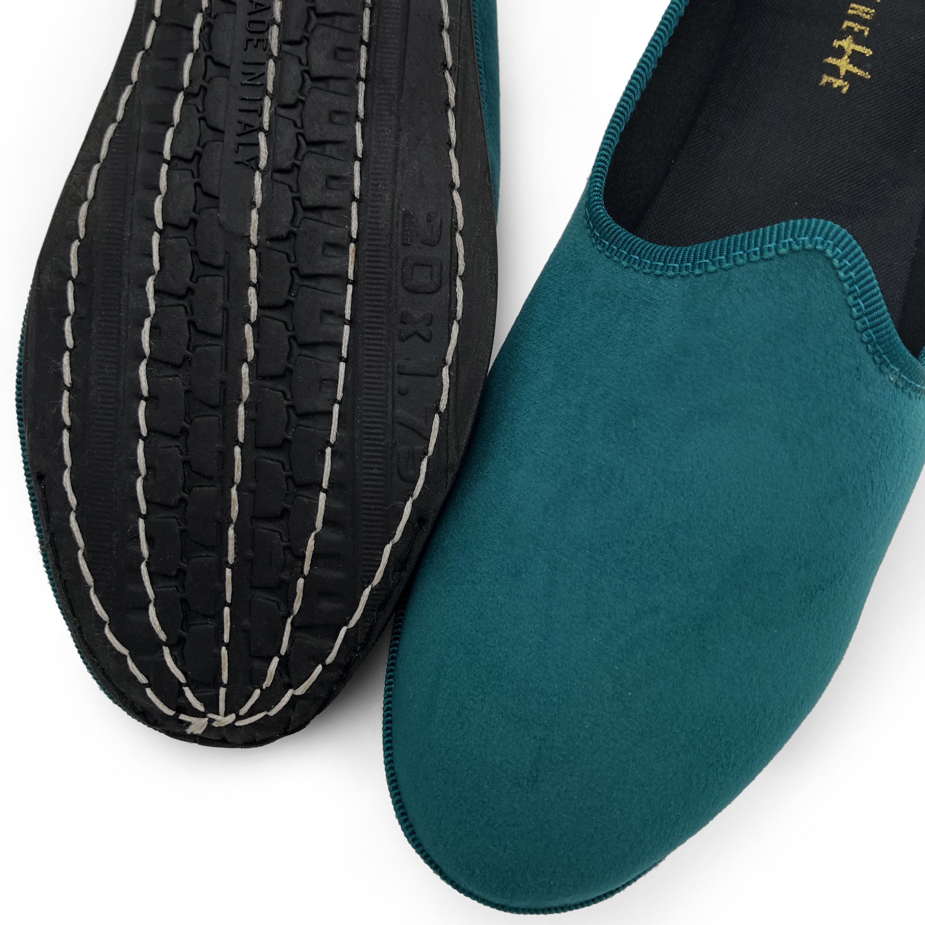 Friulane petrol blue velvet slippers