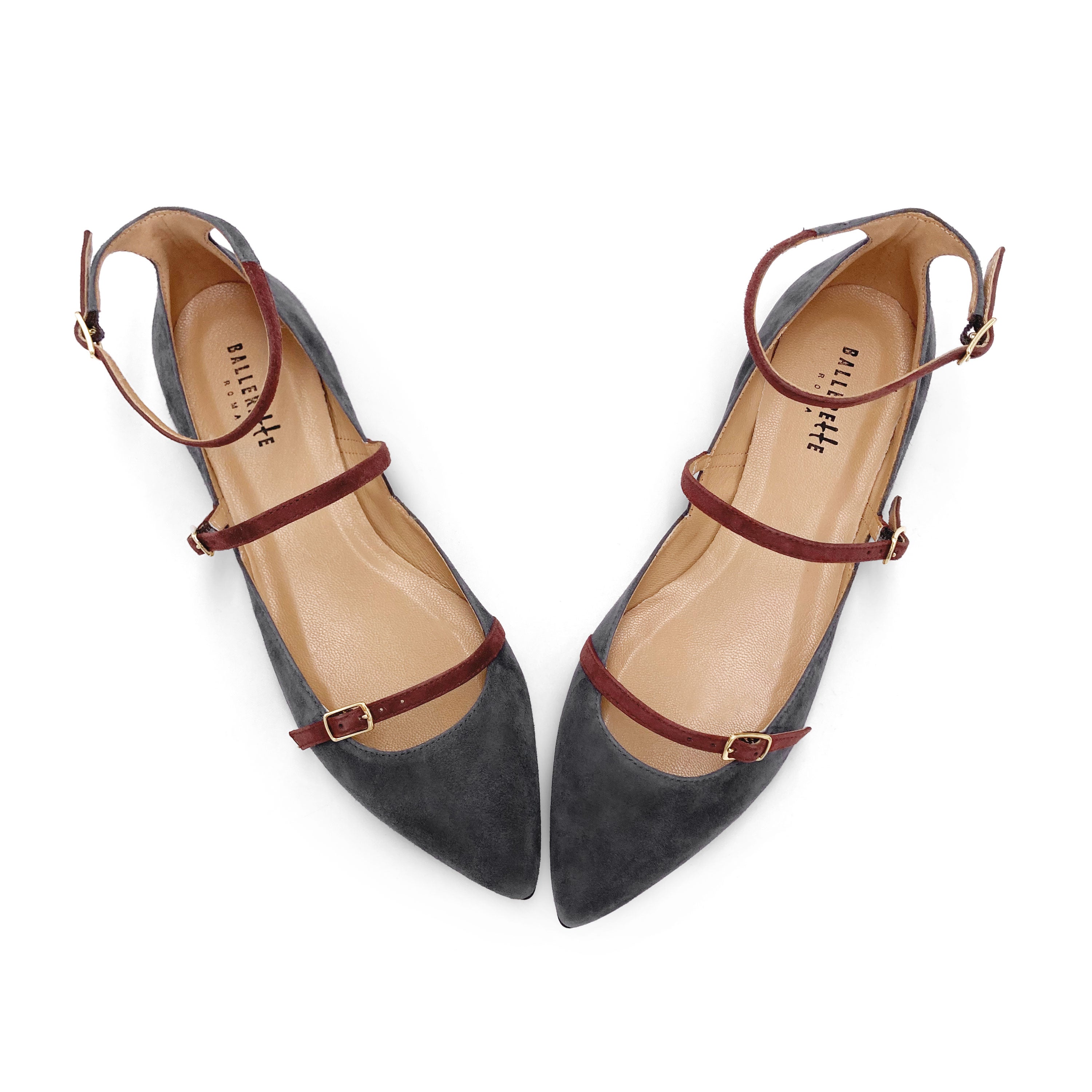 Gray suede pointed ballet flats with chestnut straps