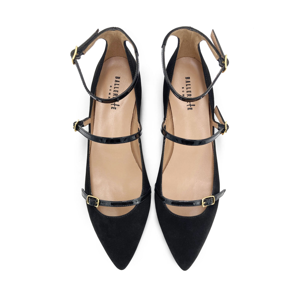 Black suede pointed-toe ballet flats with black straps