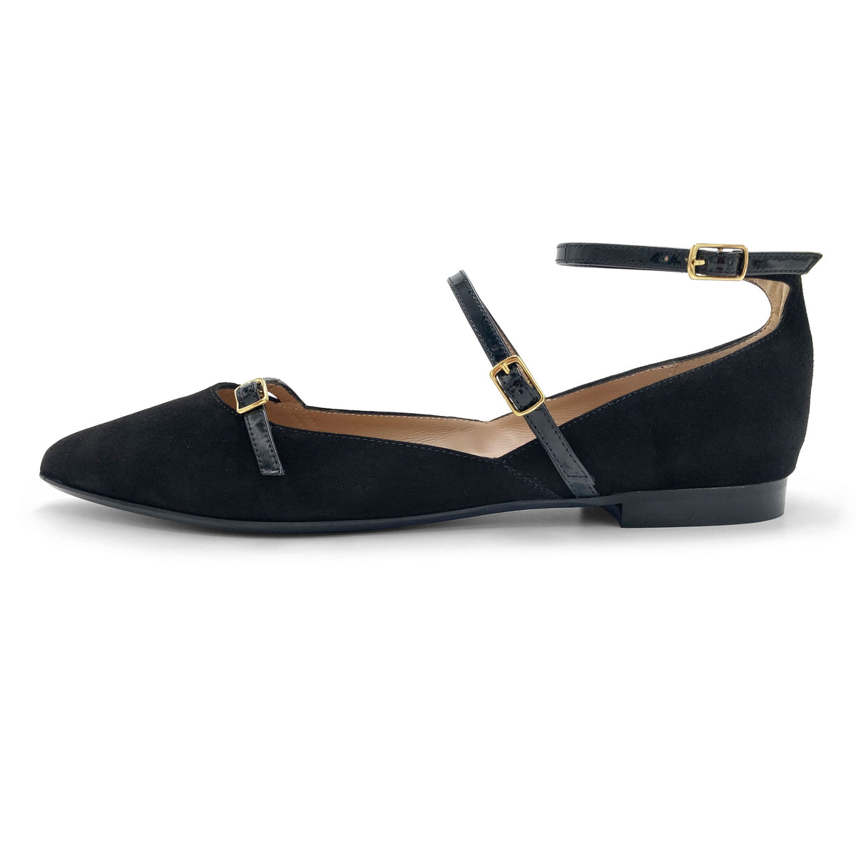 Black suede pointed-toe ballet flats with black straps