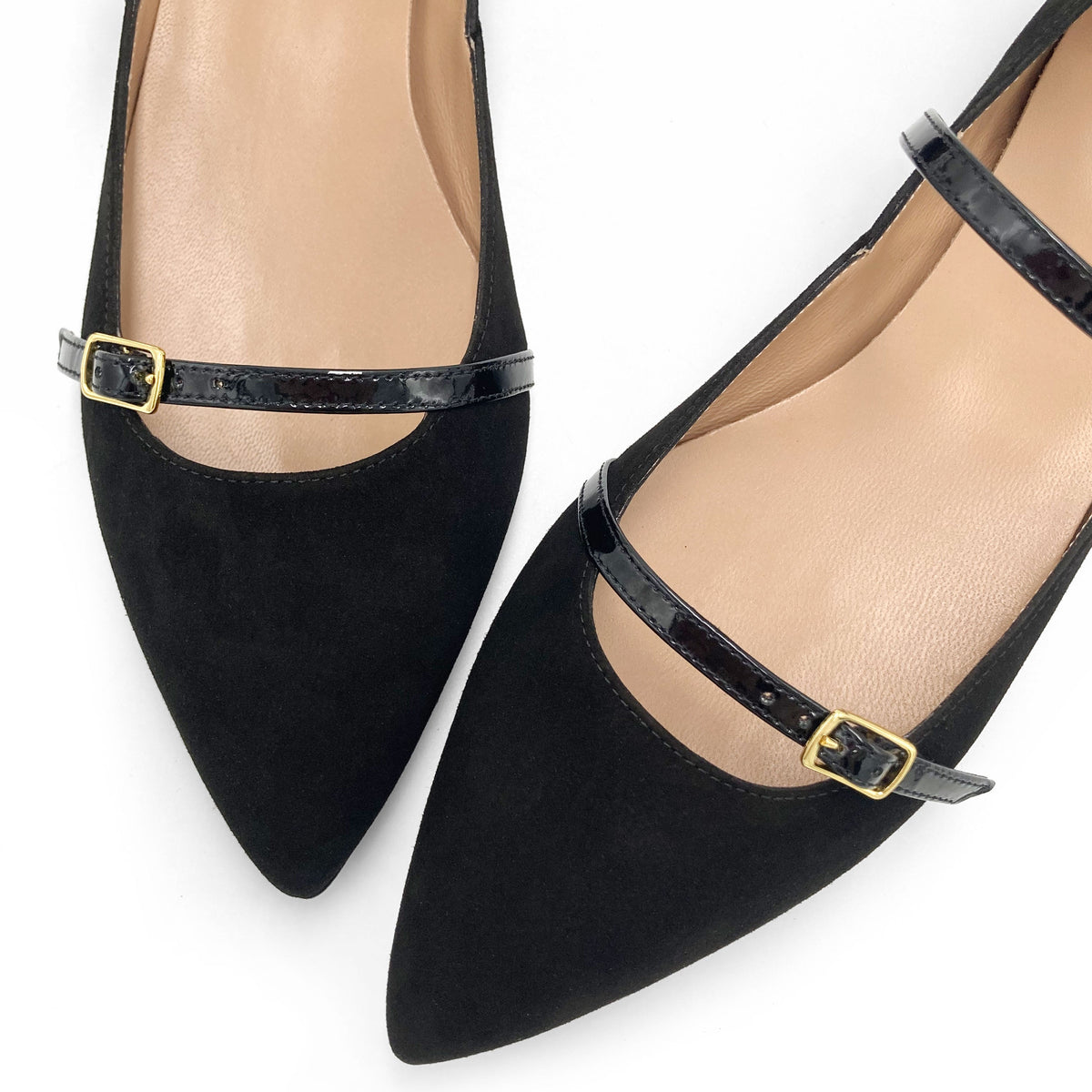 Black suede pointed-toe ballet flats with black straps