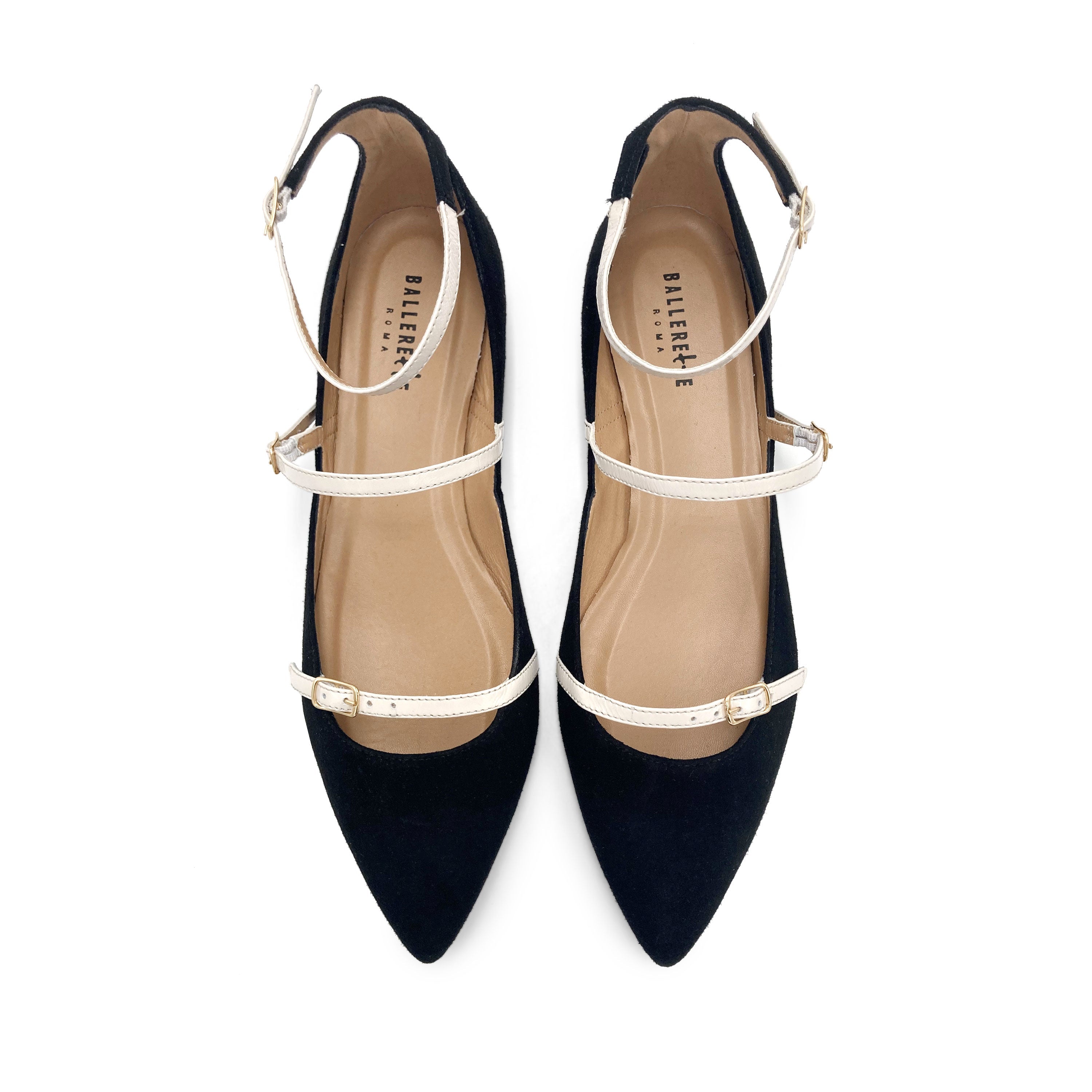 Black suede ballet flats with cream straps