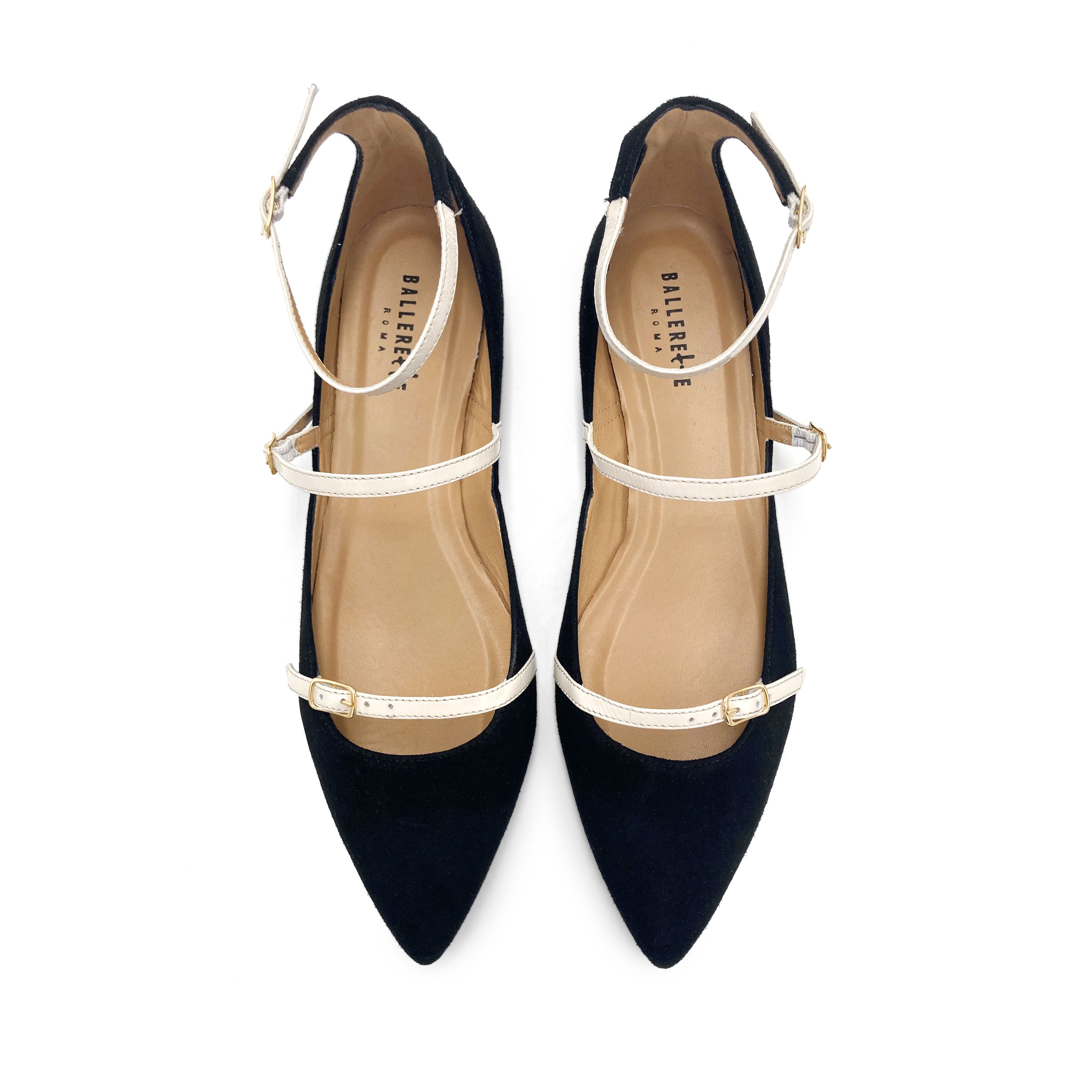 Black suede ballet flats with cream straps
