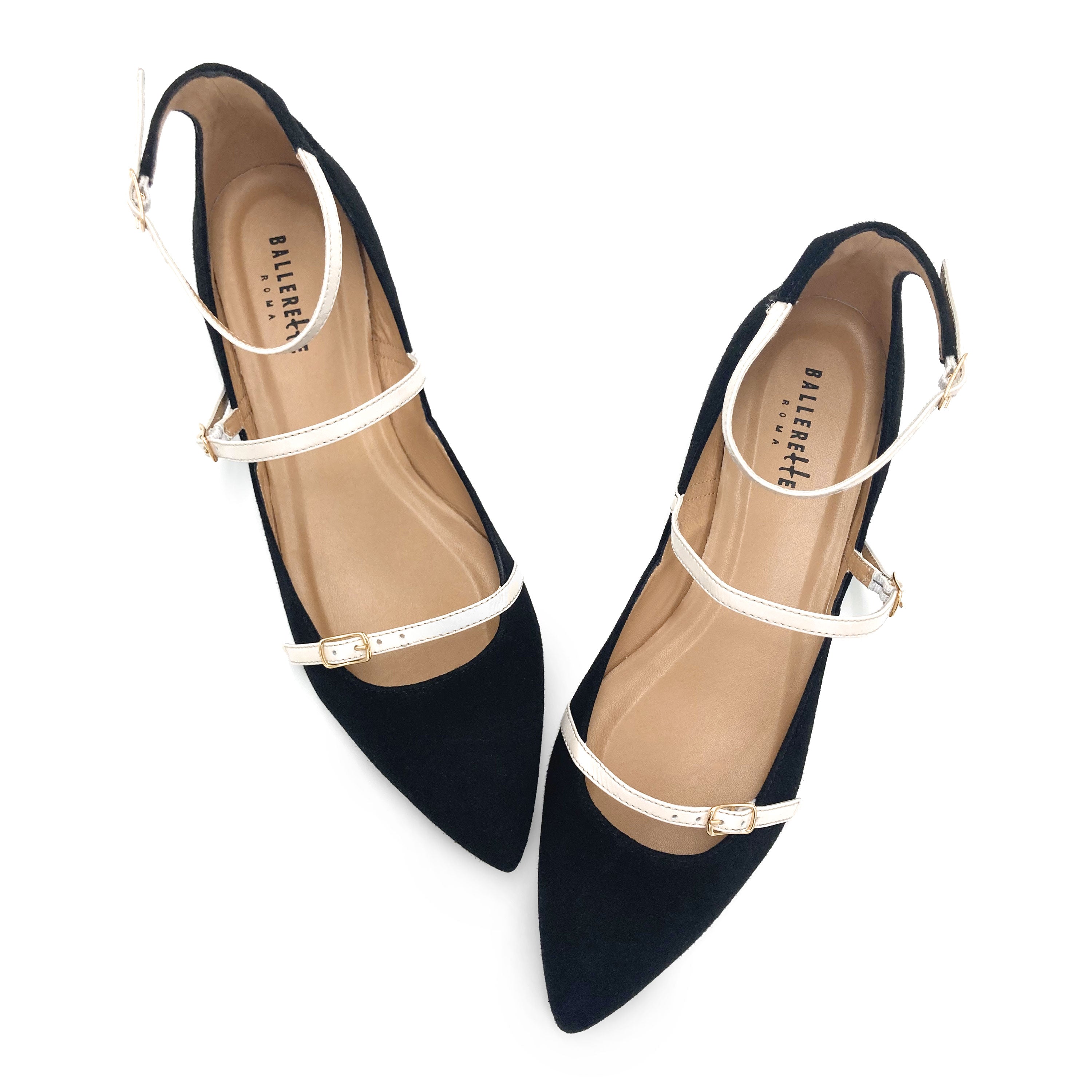 Black suede ballet flats with cream straps