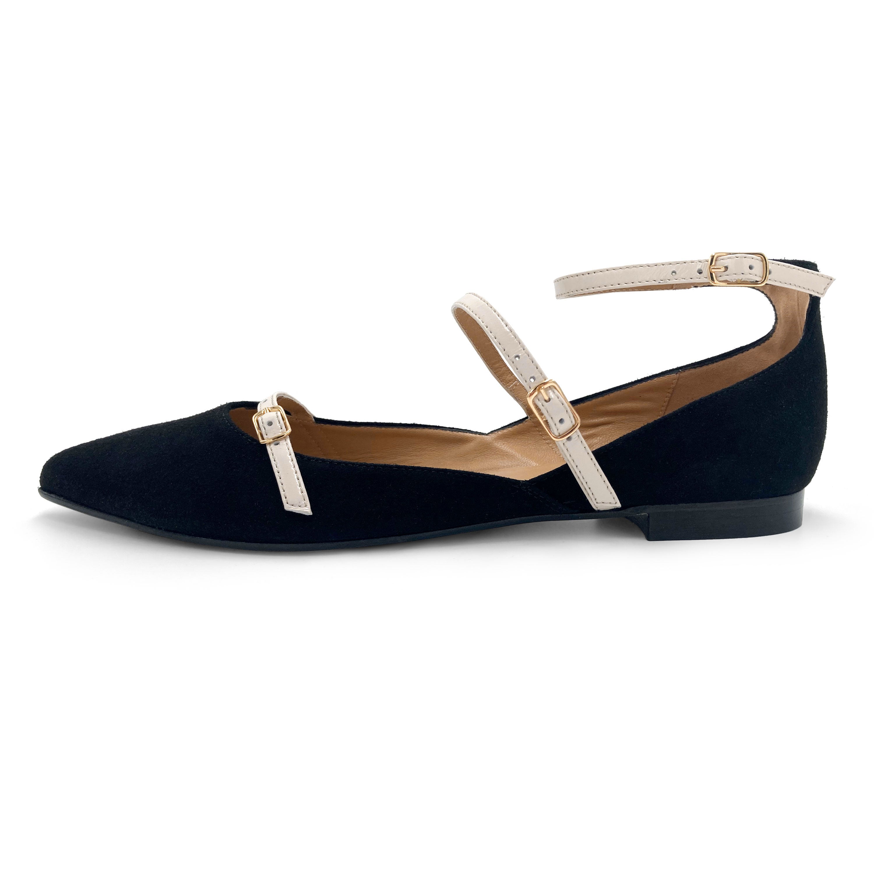 Black suede ballet flats with cream straps