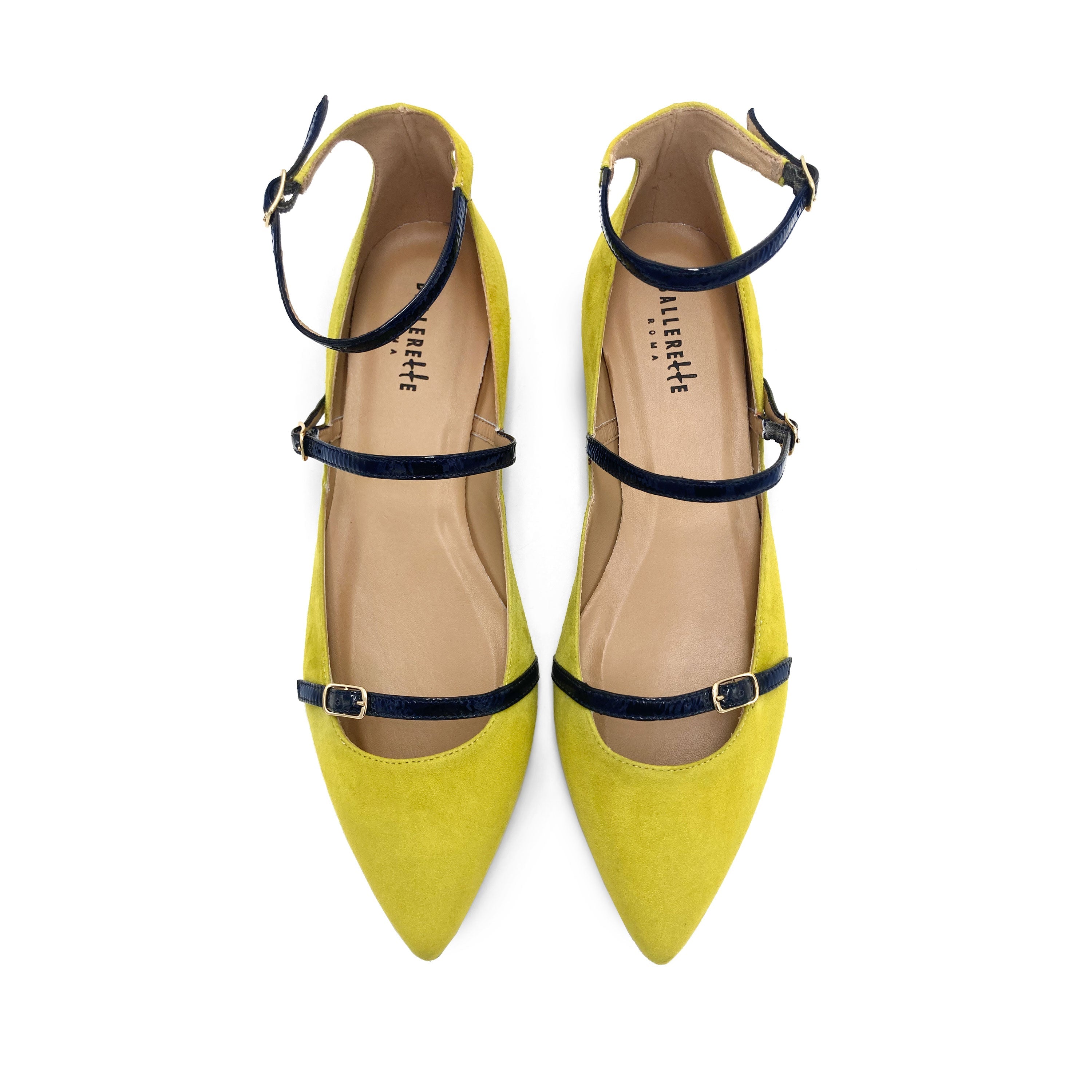 Olive green suede ballet flats with blue straps