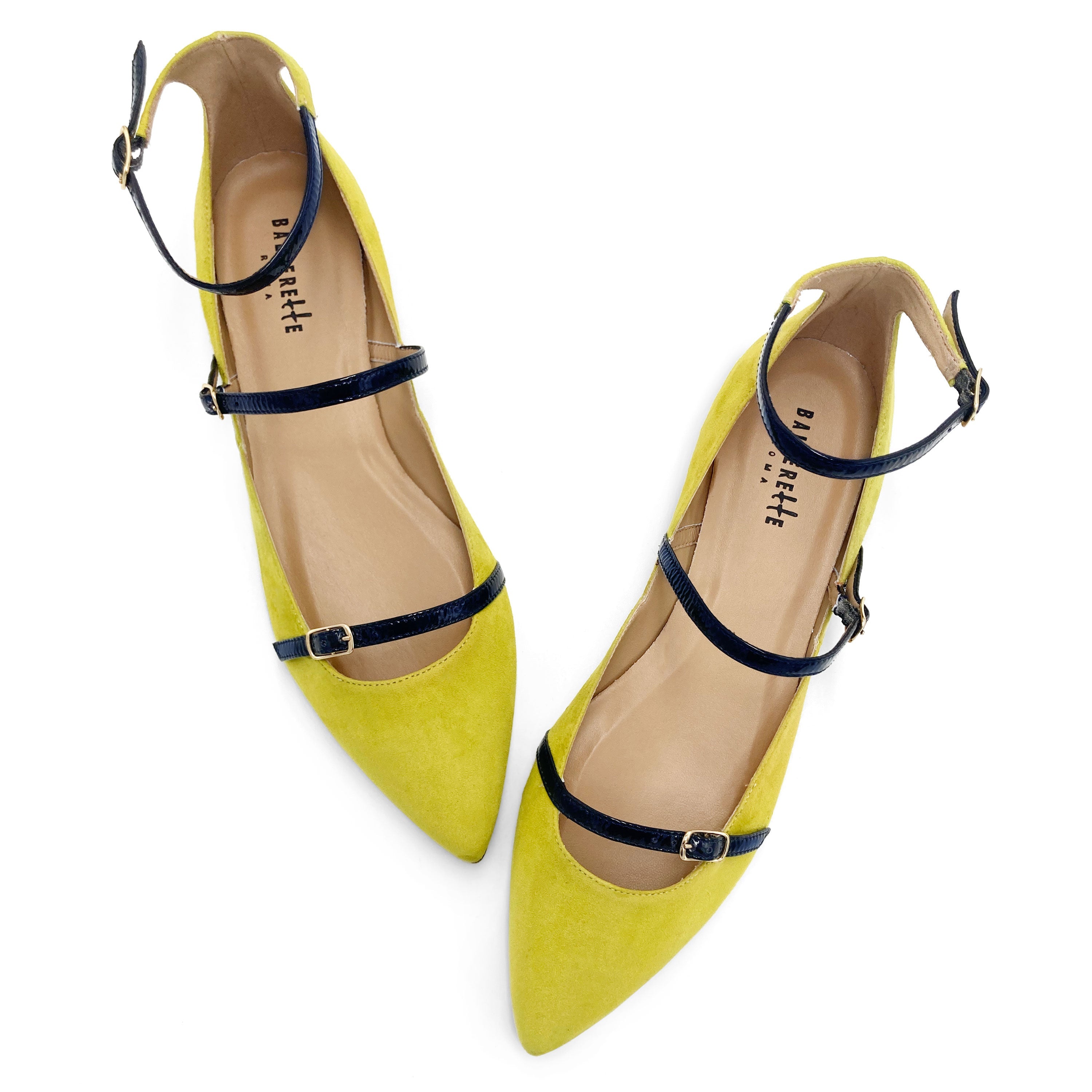 Olive green suede ballet flats with blue straps