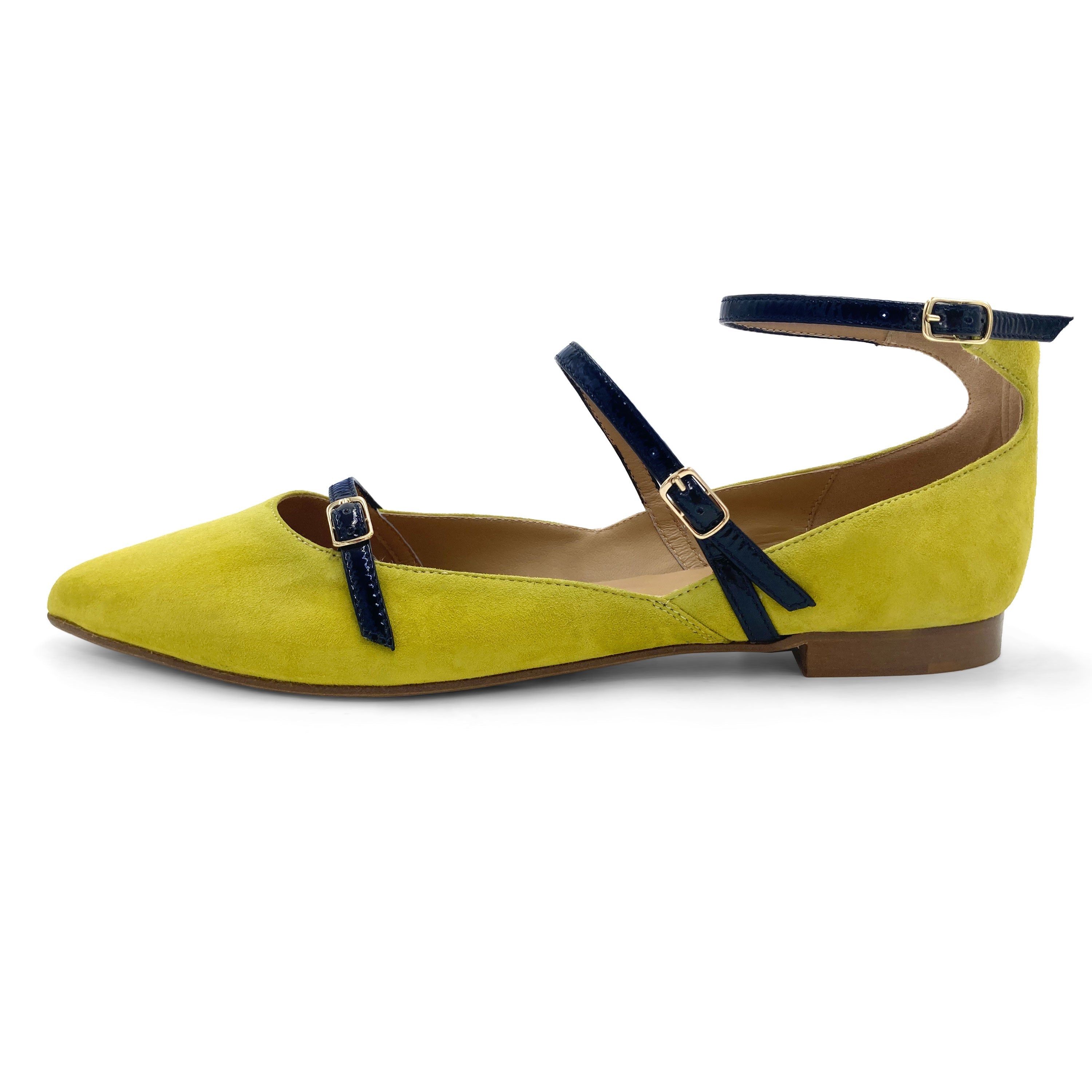 Olive green suede ballet flats with blue straps